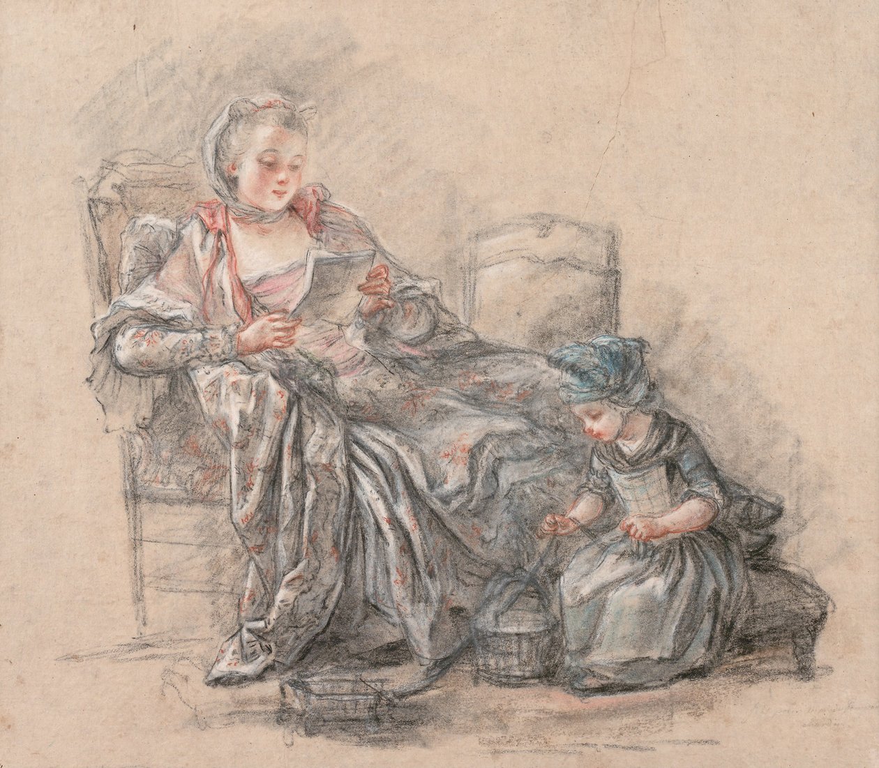 女人读书和女孩玩（大概是侯爵夫人与她的女儿Alexandrine），1748年 作者 弗朗索瓦·奎林