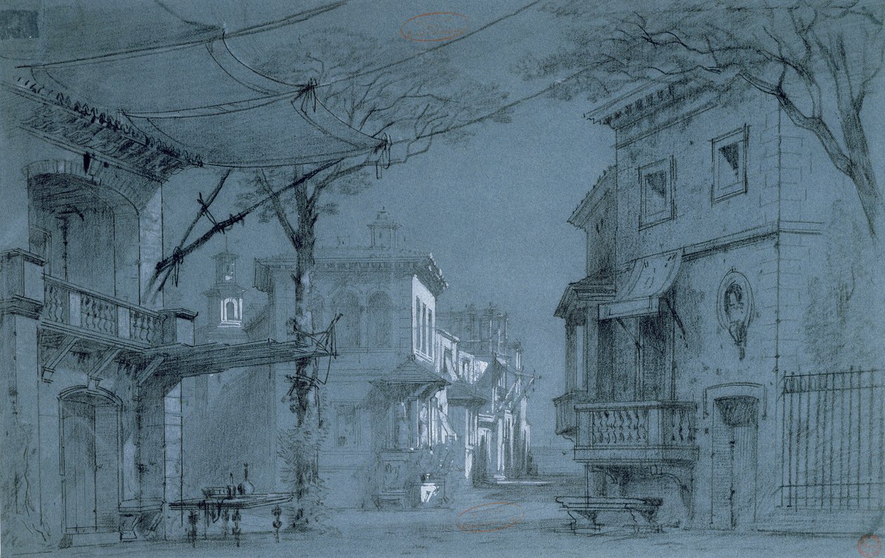 Alfred de Musset（1810-1857）设计的Les Caprices de Marianne（蓝纸上的钢笔，墨水和蜡笔） 作者 Francois J.和Rube，Auguste A. Nolau