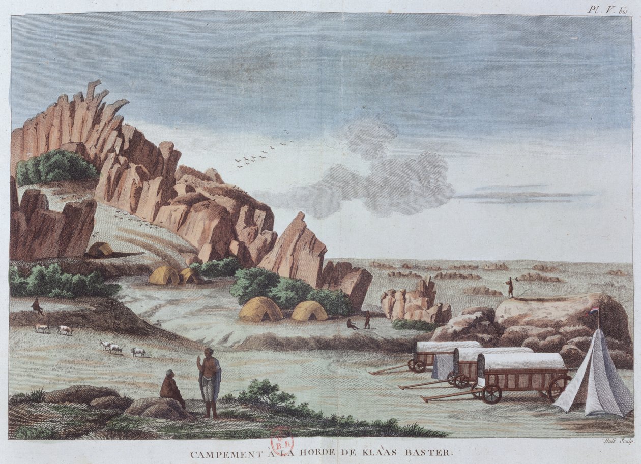 Klaas Baster Camp，来自“好望角1780-85”的非洲内陆的M. le Vaillant旅行，由Hulk雕刻，1790年出版（彩色雕刻） 作者 弗朗索瓦·勒·威兰特