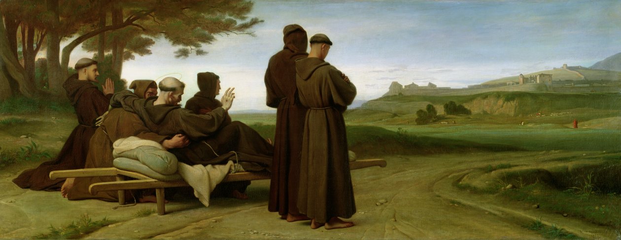 阿西西的圣弗朗西斯（St. Francis of Assisi）被带到圣玛丽德安杰斯（Saint-Marie-des-Anges）的最后安息地，于1826年，1226年为阿西西（Assisi）镇祝福 作者 弗朗索瓦·利昂·本努维尔