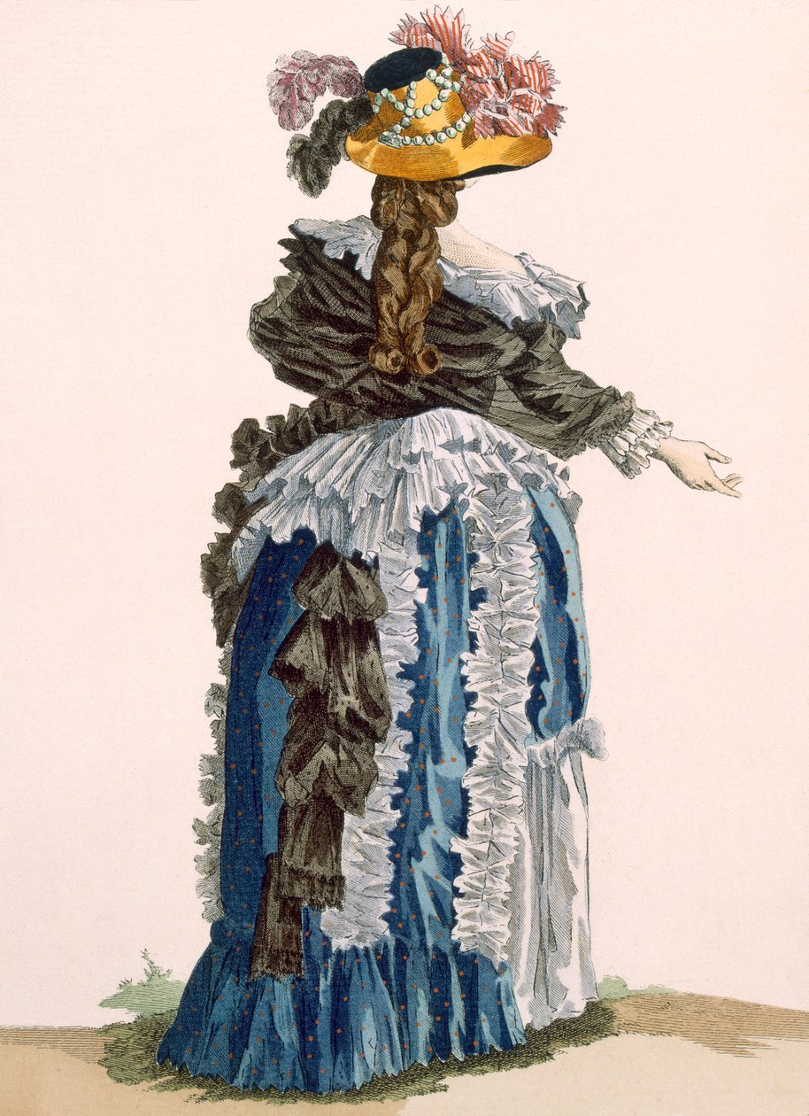 女士礼服的后视图，由Dupin雕刻，来自&39;Galeries des Modes et Costumes Francais&39;的第247号板，c.1778-87 99：衣服;传统服饰;传统服饰;时尚;一世 作者 弗朗索瓦·路易斯·约瑟夫·瓦托