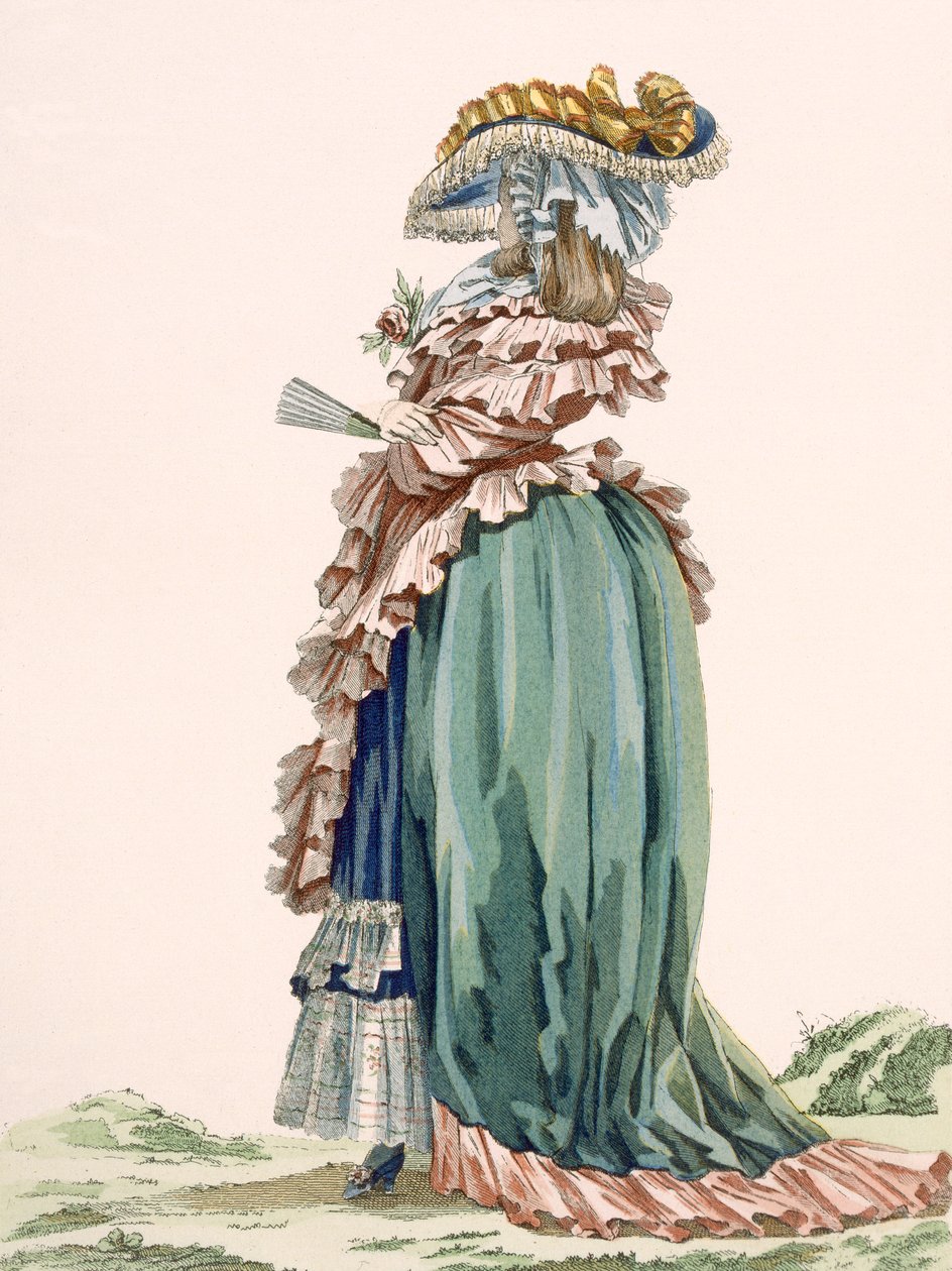 后视图女士的连衣裙，由Dupin雕刻而成，来自&39;Galeries des Modes et Costumes Francais&39;的第189号板块，c.1778-87 99：衣服;传统服饰;传统服饰;时尚; 作者 弗朗索瓦·路易斯·约瑟夫·瓦托