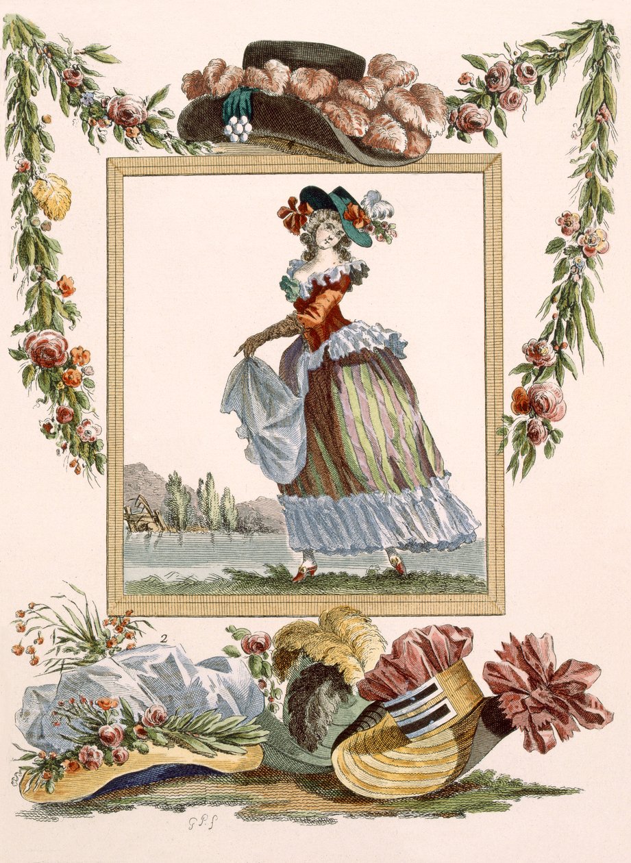 舞者穿着带帽子的皮埃罗·卡拉科，由杜宾雕刻而成，来自&39;Galeries des Modes et Costumes Francais&39;的第241号版，c.1778-87 作者 弗朗索瓦·路易斯·约瑟夫·瓦托