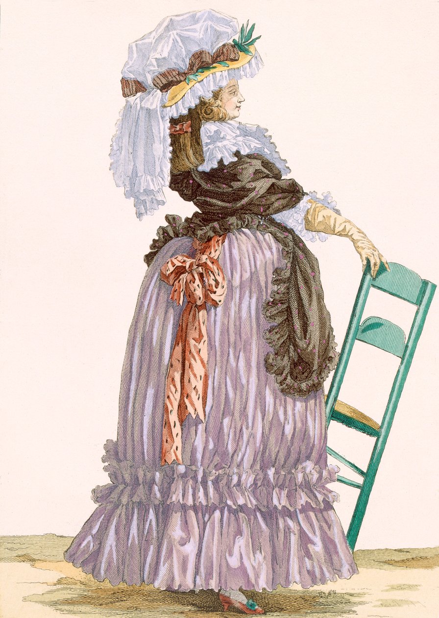 女士靠在椅子上，由Dupin雕刻，来自&39;Galeries des Modes et Costumes Francais&39;的第201号板，c.1778-87 作者 弗朗索瓦·路易斯·约瑟夫·瓦托