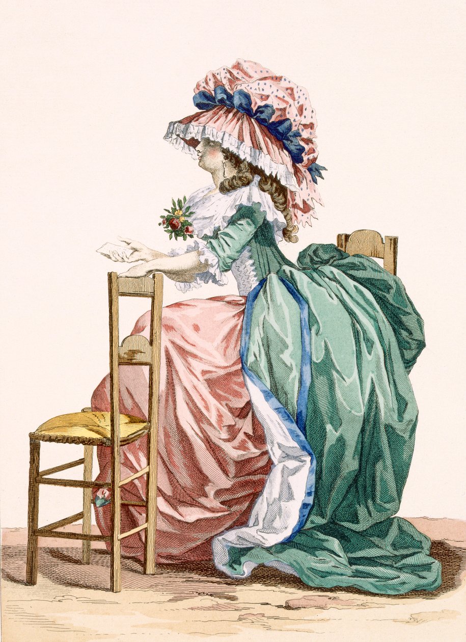 女士坐在椅子上，由Bacquoy雕刻，板材203来自&39;Galeries des Modes et Costumes Francais&39;，c.1778-87 99：衣服;传统服饰;传统服饰;时尚 作者 弗朗索瓦·路易斯·约瑟夫·瓦托
