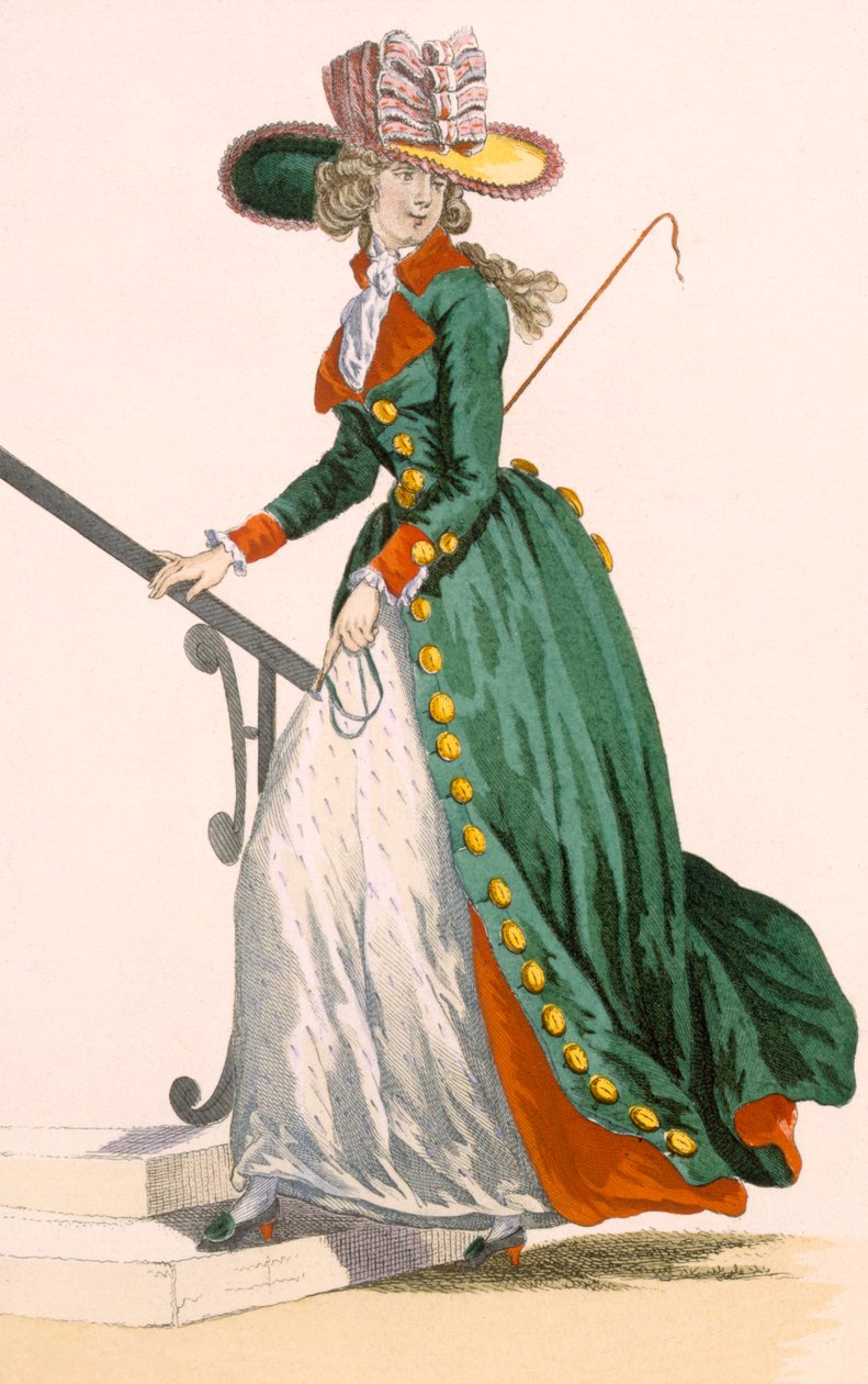 女士穿着德国风格的骑马服装，由Le Beau雕刻，来自&39;Galeries des Modes et Costumes Francais&39;的第250号板，c.1778-87 作者 弗朗索瓦·路易斯·约瑟夫·瓦托