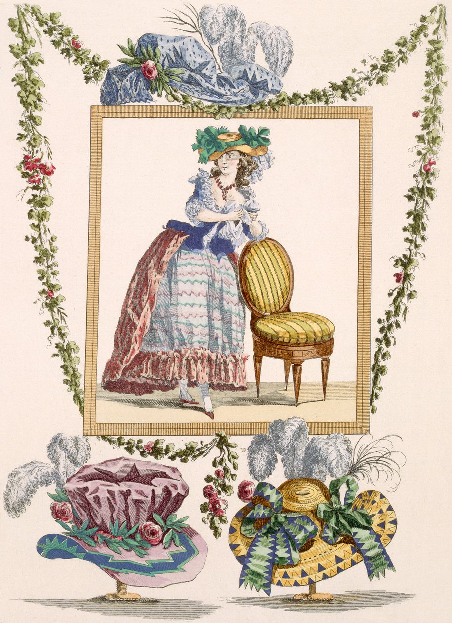 戴着帽子的优雅日装的女人，由Duhamel雕刻，来自&39;Galeries des Modes et Costumes Francais&39;的第235号版，c.1778-87 作者 弗朗索瓦·路易斯·约瑟夫·瓦托