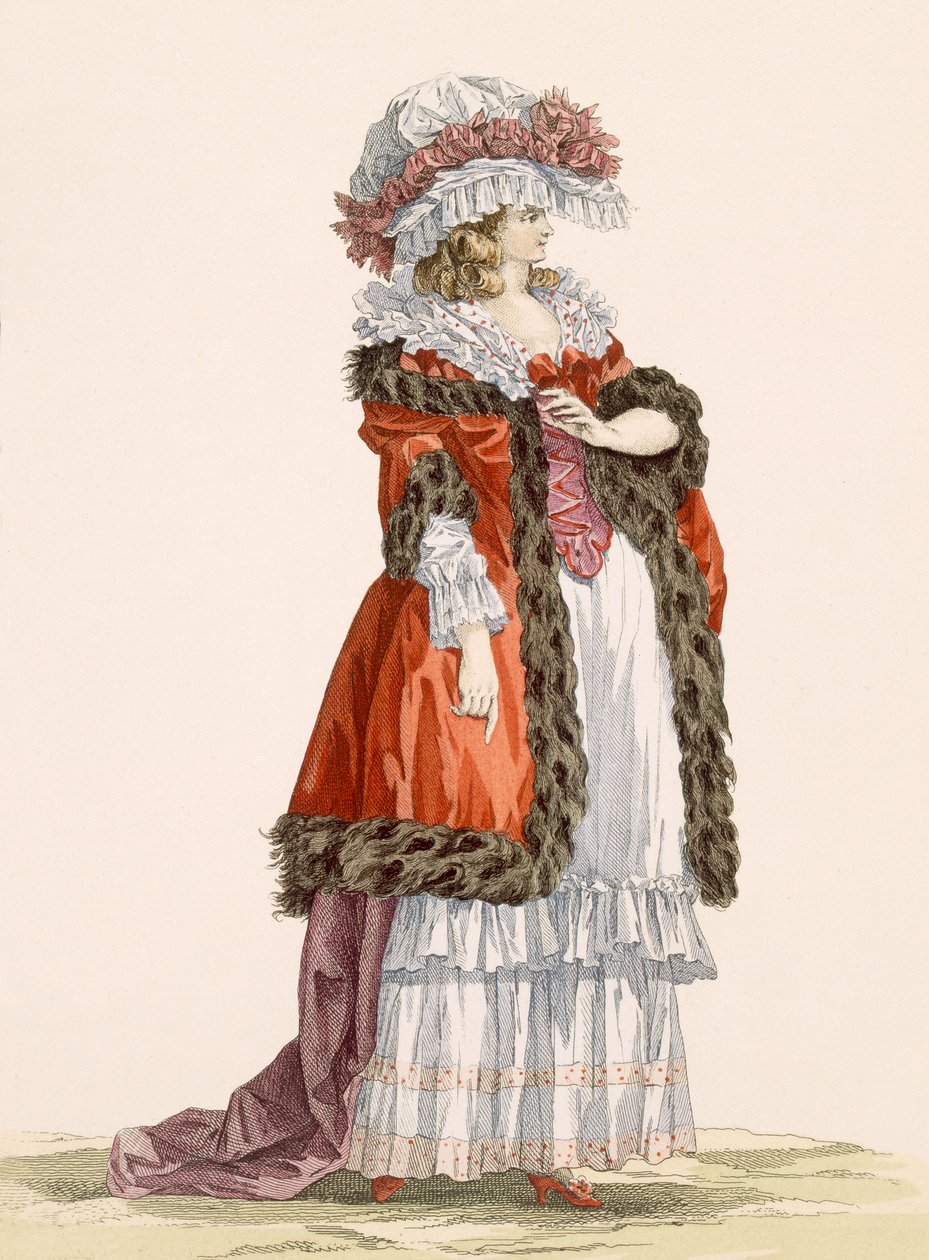 年轻女士的长廊连衣裙，由Dupin雕刻而成，来自&39;Galeries des Modes et Costumes Francais&39;的第214号板，1789年 作者 弗朗索瓦·路易斯·约瑟夫·瓦托