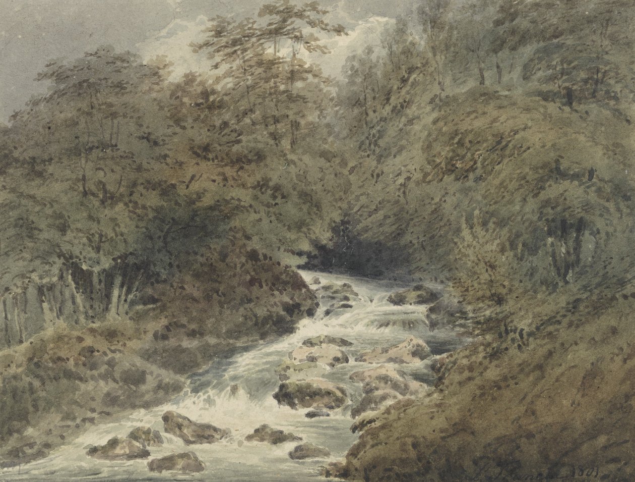山区溪流，1801年（纸上石墨） 作者 弗朗索瓦·路易斯·托马斯·弗朗西亚
