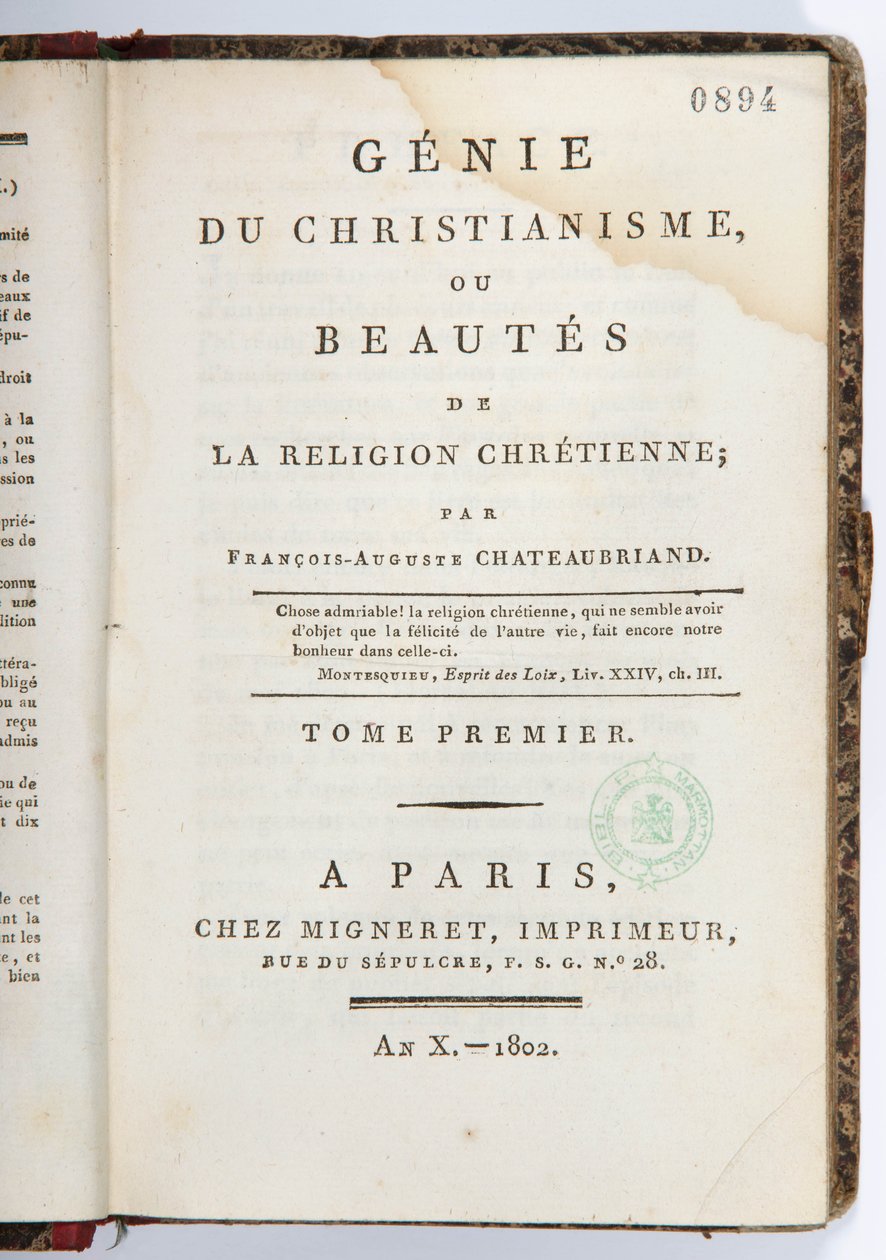 &39;Genie du Christianisme或Beautes de la Religion Chretienne&39;的标题页，第一卷，chez Migneret Imprimeur，巴黎，1802年（印刷纸） 作者 弗朗索瓦·雷内·维康泰·德·夏多布里安
