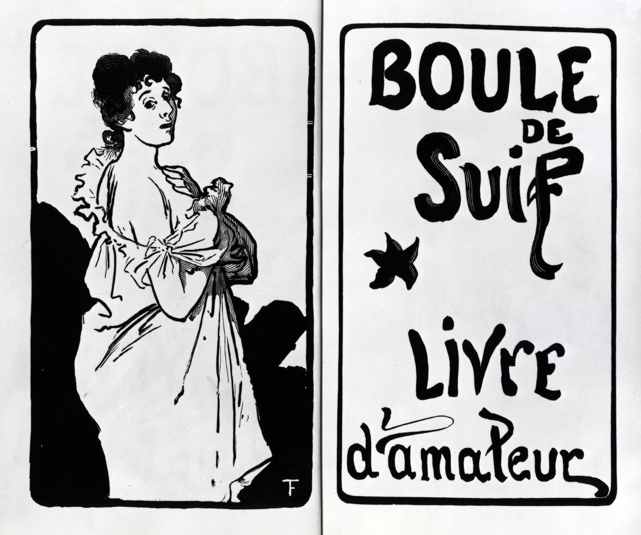 由Guy de Maupassant制作的&39;Boule de Suif&39;的正面和标题页，A. Romagnol制作的木刻，1897年出版 作者 弗朗索瓦·塞维诺