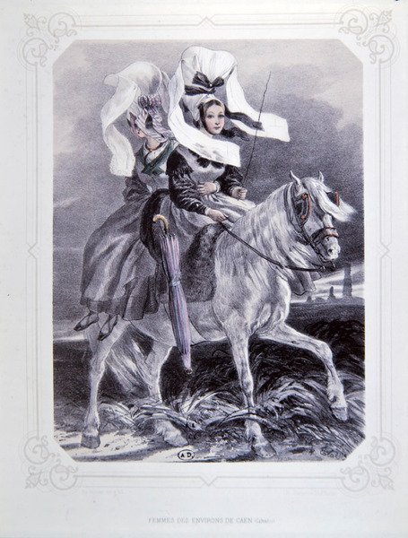 来自诺曼底卡昂地区的妇女，出自《诺曼底画报》，由夏尔彭蒂埃雕刻，1852年在南特出版（彩色平印）。 作者 弗朗索瓦·伊波利特（后）拉莱瑟