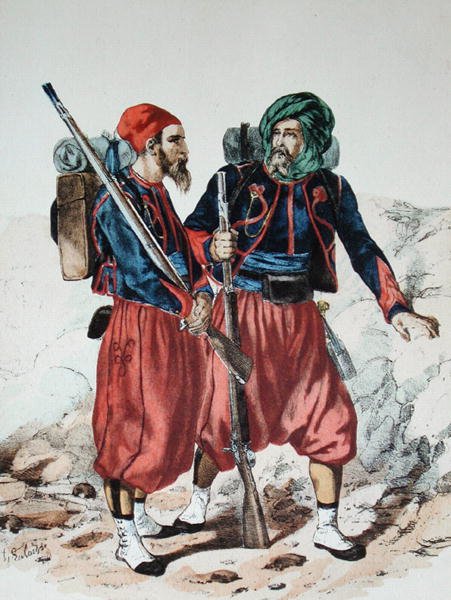 Zouaves，约1860年（彩色平版印刷）。 作者 弗朗索瓦·希波吕特·拉莱塞