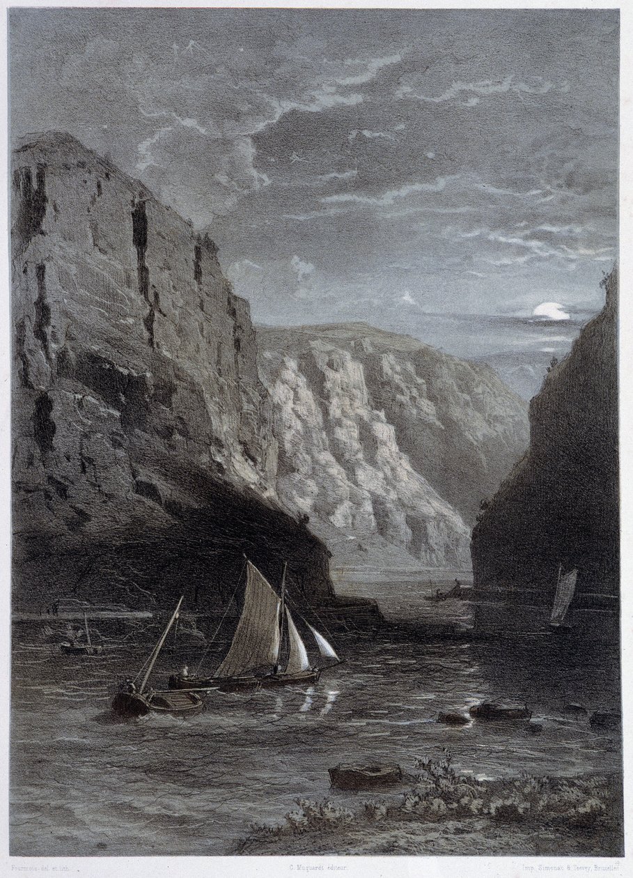 莱茵河的风景，Lurley-In "不朽的、风景如画的莱茵河"，自然水彩画，Fourmais 和 Stroobant 版画。 作者 弗朗索瓦·斯特罗邦（Francois Stroobant）