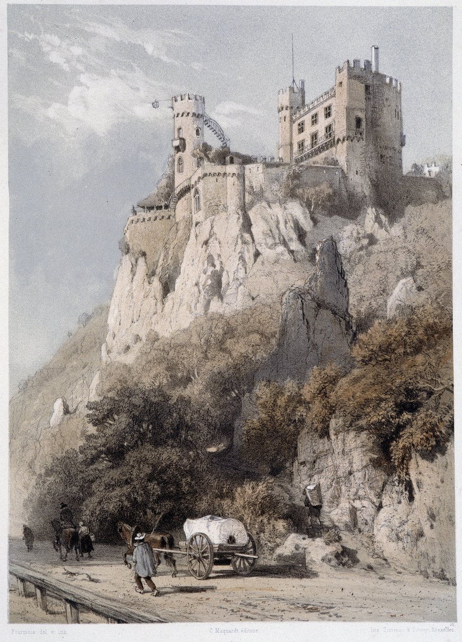 莱茵斯坦城堡。 在《雄伟而风景如画的莱茵河》中。 Fourmais 和 Stroobant 的石版画 作者 弗朗索瓦·斯特罗邦（Francois Stroobant）