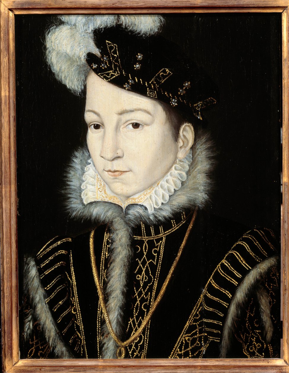 法国国王查理九世 (1550 - 1574) 的肖像。 Atelier de Francois Clouet (1515-1572), v. 1555。木上油。 昏暗：0,32 x 0,23m。 木头上的油。 - 法国国王查理九世 (1550-1574) 的肖像。 Francois Clouet (1515-1572) 的工作室，大约 1555 年。O 作者 弗朗索瓦·克鲁埃（车间）