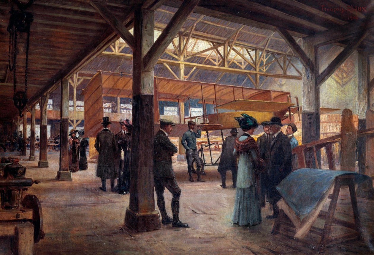 航空先驱加布里埃尔·沃赞 (Gabriel Voisin) 和查尔斯·沃赞 (Charles Voisin) 兄弟（1880-1973 和“1882-1912”）于 1908 年在布洛涅比扬古 (Boulogne Billancourt) 开设工作室（布面油画） 作者 弗朗索瓦·阿洛