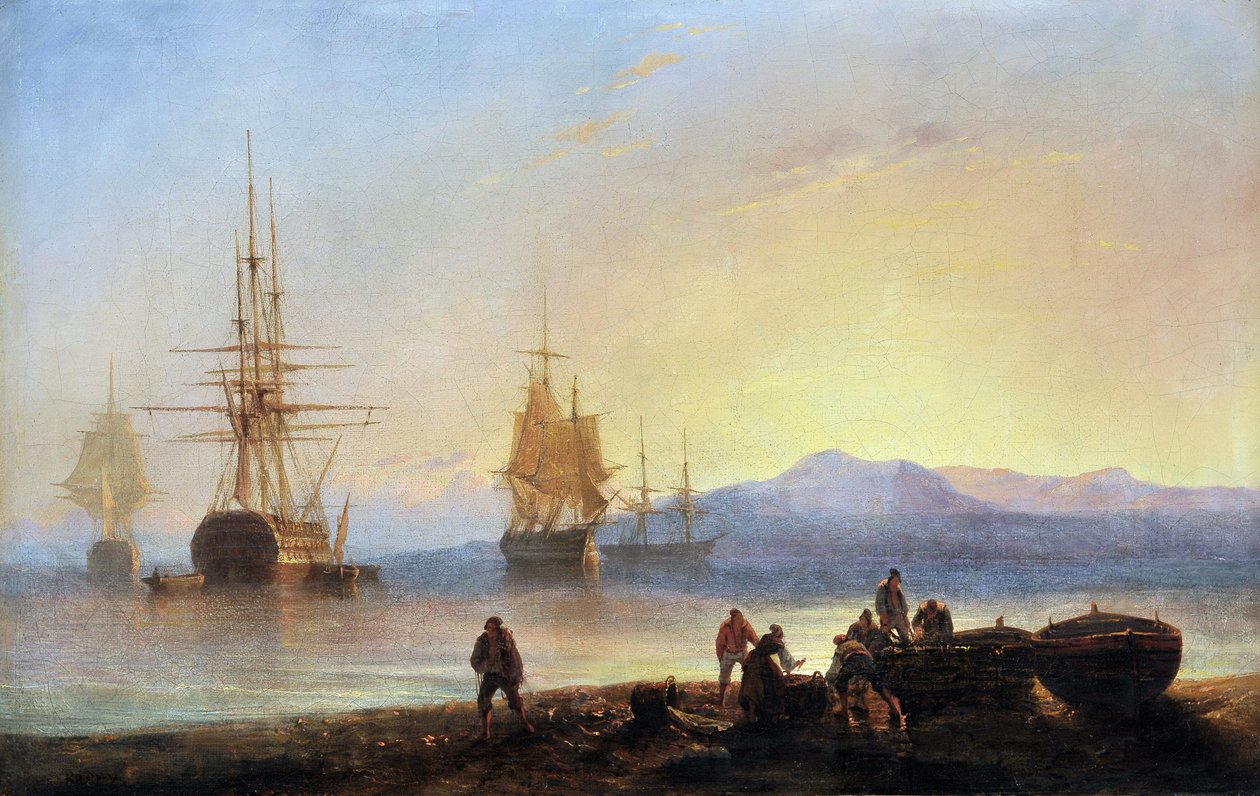 地中海上的姐妹和船只。弗朗索瓦-皮埃尔-巴利（Francois Pierre BARRY，1813-1905 年）的画作。布面油画。尺寸：29.5x46 厘米。必须注明：普罗旺斯问候基金会收藏，马赛 作者 弗朗索瓦·巴里