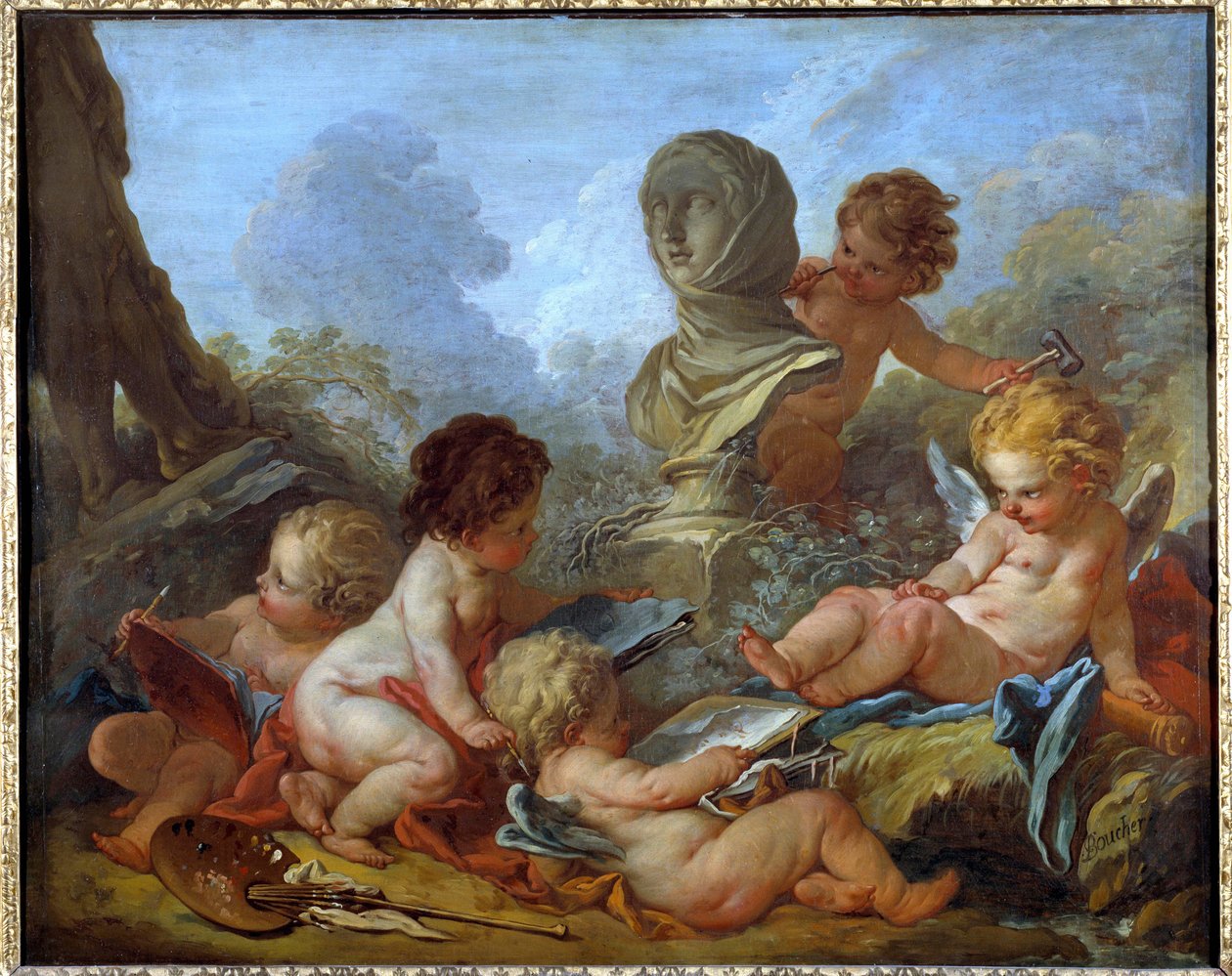 Allegorie des Arts 与不同艺术（雕塑、绘画...）相关的五个小恋情 弗朗索瓦·布歇 (1703-1770) 的绘画 18 世纪特鲁瓦艺术博物馆 - 艺术寓言。 与不同艺术相关的五个小丘比特（雕塑家 作者 弗朗索瓦·布歇