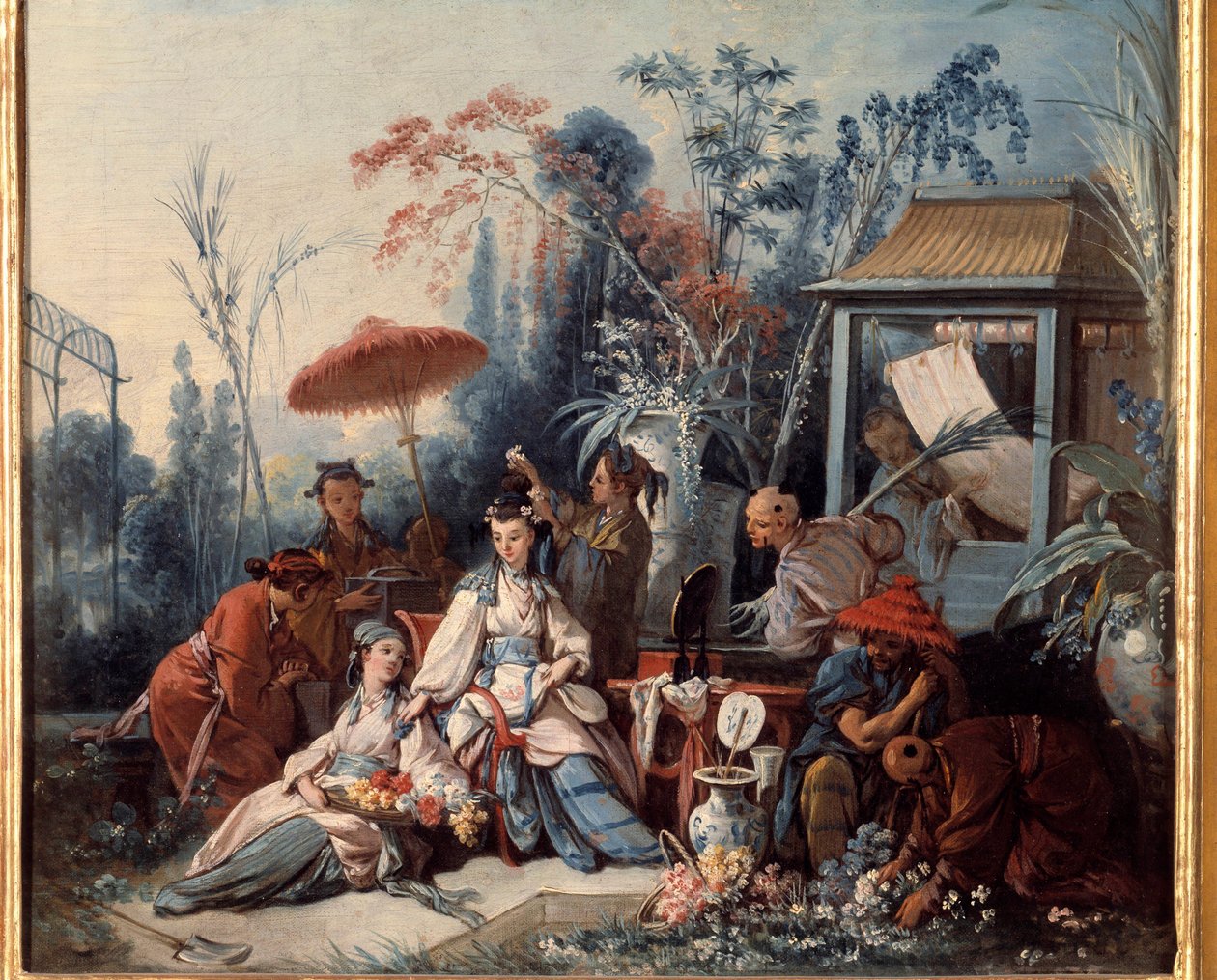 Chinese Garden Scene of Chinoiseries depicting a young woman surrounded by servants. Painting by Francois Boucher (1703-1770) 作者 弗朗索瓦·布歇