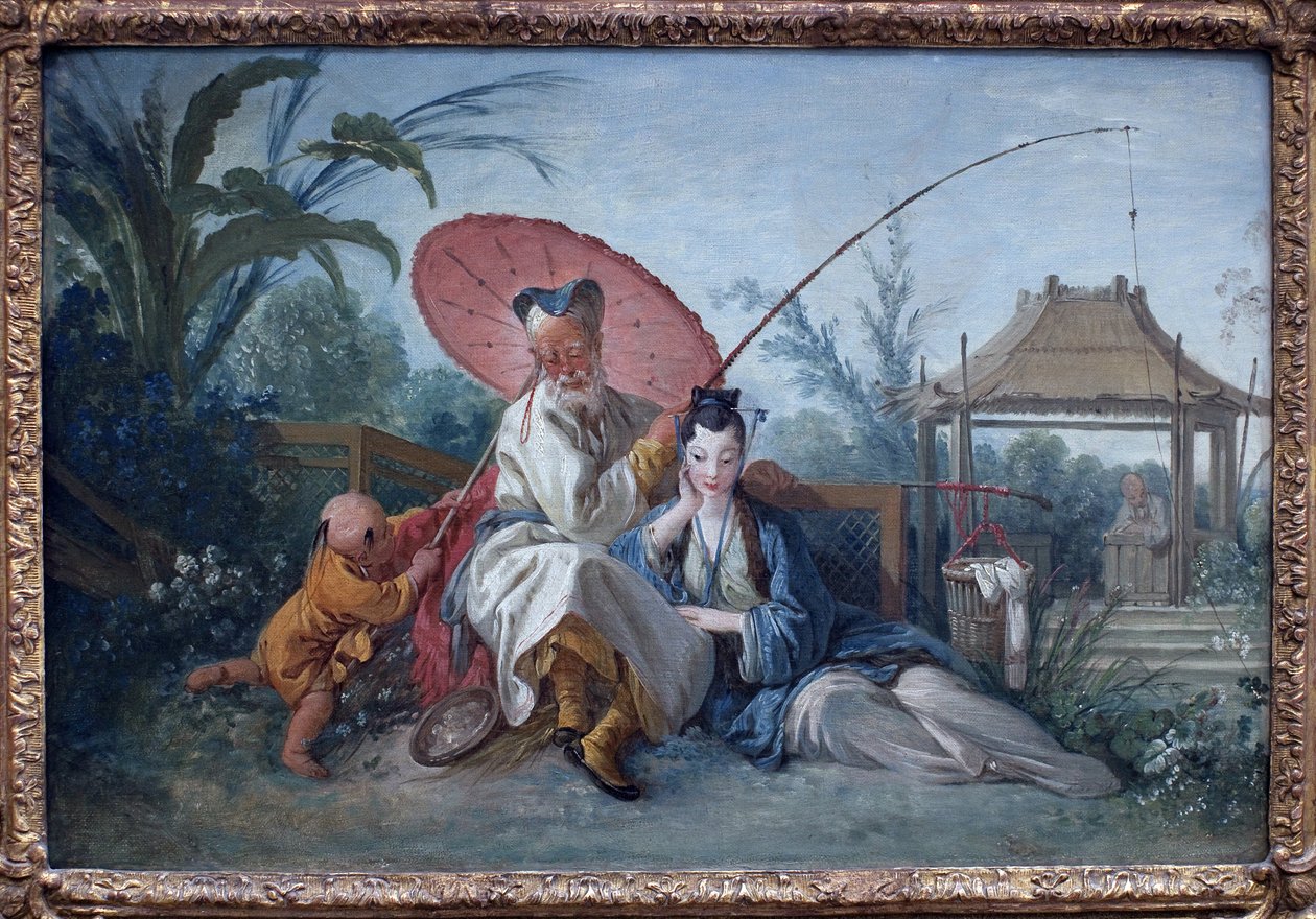 Chinoiserie. Artwork by Francois Boucher (1703-1770), oil on paper maroufle on canvas, circa 1750. Art francais 18th century. Museum of Fine Arts Rotterdam (Netherlands). 作者 弗朗索瓦·布歇