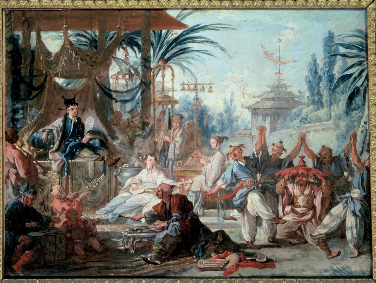 中国风：“中国舞”” 宫廷中的音乐家和舞者的娱乐场景。 弗朗索瓦·布歇 (Francois Boucher) (1703-1770) 的画作，1740 年 Besancon，Musee des Beaux Arts 作者 弗朗索瓦·布歇
