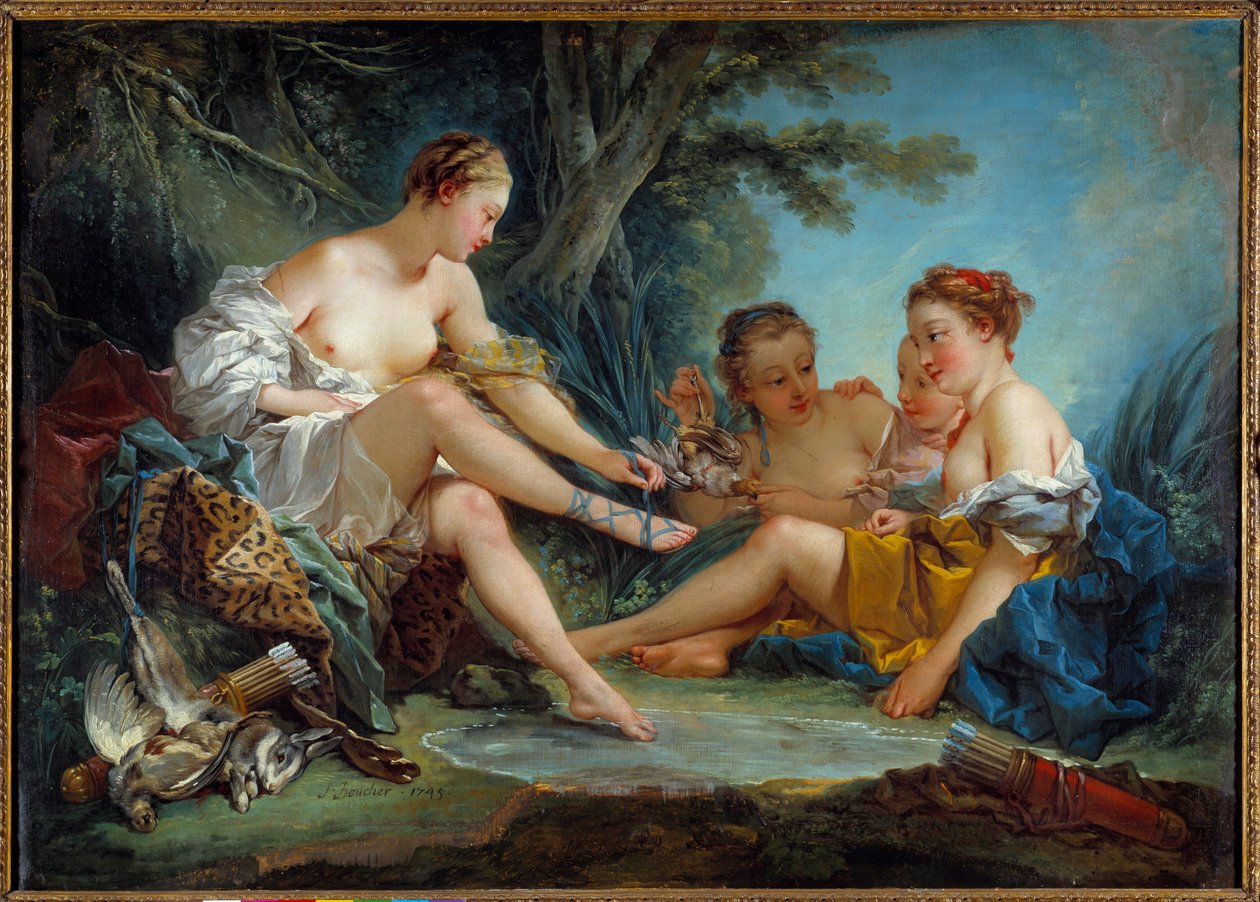 Le retour de la chasse de Diane 弗朗索瓦·布歇 (1703-1770) 1745 年作画 0,94x1,31 m 巴黎。 博物馆干邑杰伊 - 黛安狩猎的回归。 弗朗索瓦·布歇 (Francois Boucher) (1703-1770) 的画作，1745 年。0.94 x 1.31 m。 干邑杰伊博物馆，巴黎 作者 弗朗索瓦·布歇
