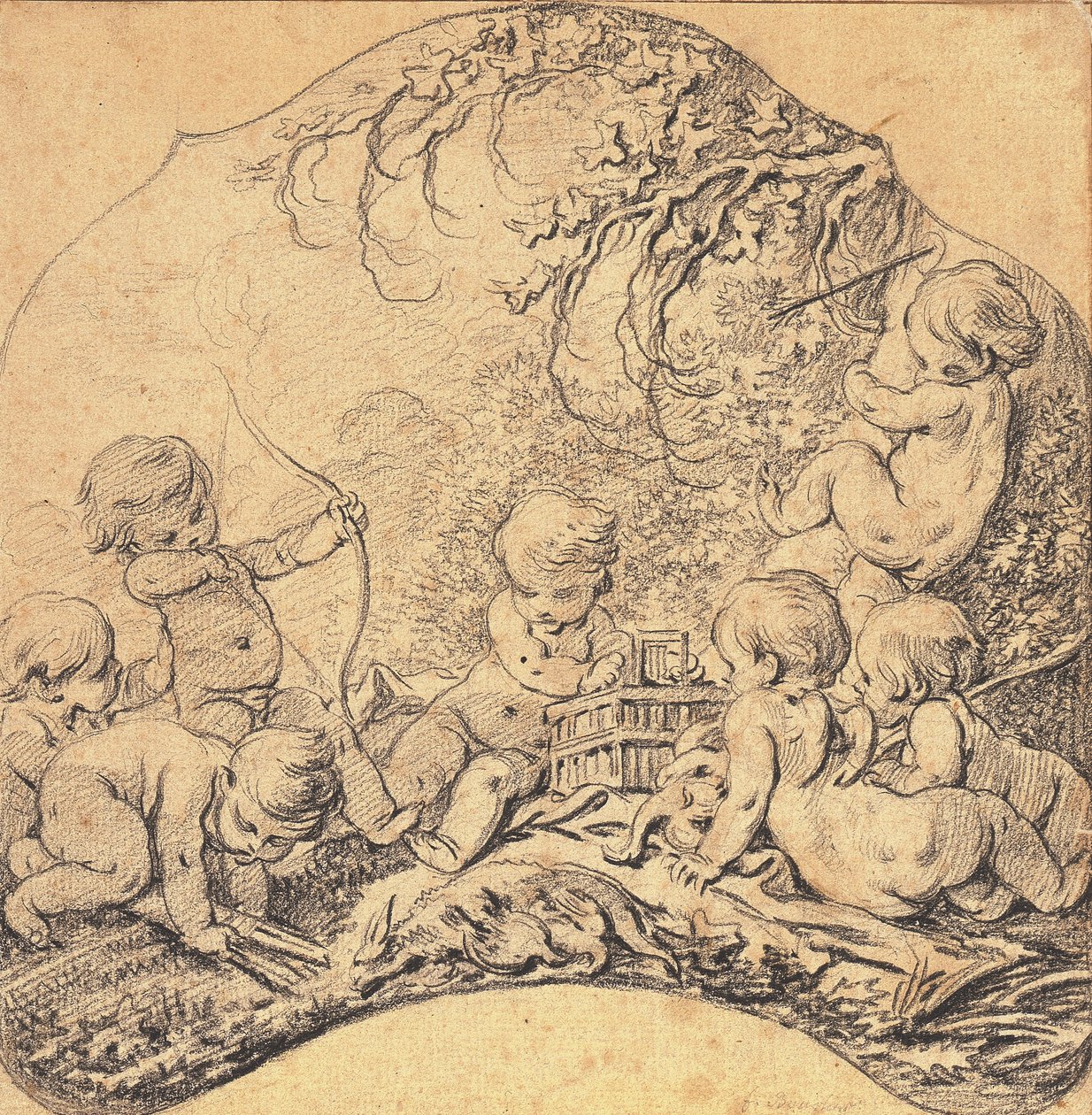 风景中的普蒂射箭并打开笼子，前景是狩猎奖杯（纸上的黑色粉笔） 作者 弗朗索瓦·布歇