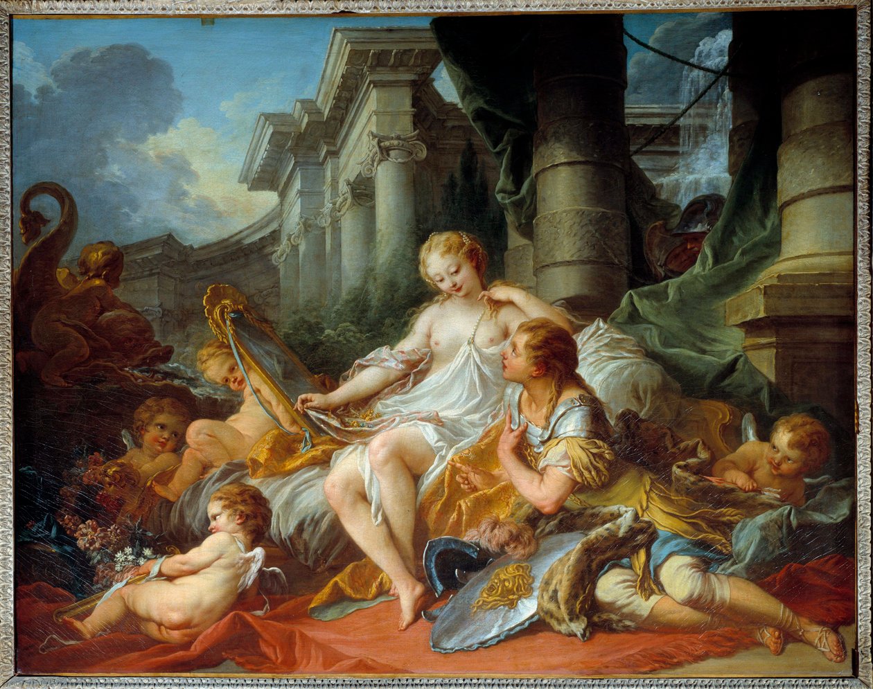 Renaud 和 Armide 的爱 Torquato Tasso（被称为杯子）的“耶路撒冷交付”（La gerusalemme liberata）场景的插图。 在他的魔镜骑士 Re 的帮助下，迷人的 Armide 被非常具有象征意义的 Amours seduit 包围 作者 弗朗索瓦·布歇