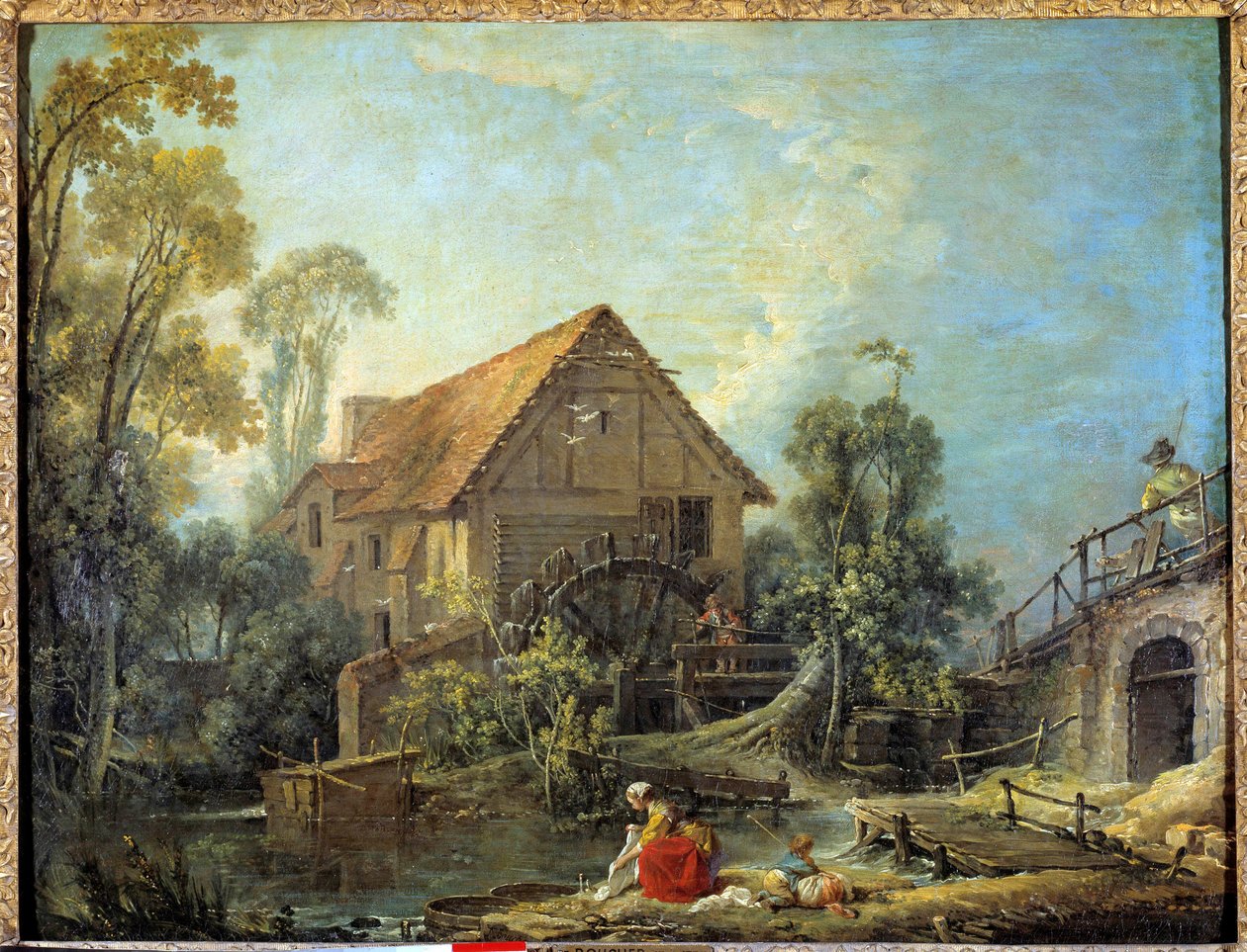 磨坊 一位妇女在水磨坊附近的溪流中洗衣服。 弗朗索瓦·布歇 (Francois Boucher) (1703-1770) 的画作，1751 年 0.66 x 0.84 米。 - 磨东西的器具。 一名妇女在水磨坊附近的溪流中洗衣服。 弗朗索瓦·布歇 (Francois Boucher) (1703-1770) 的绘画 1751. 0.66 作者 弗朗索瓦·布歇