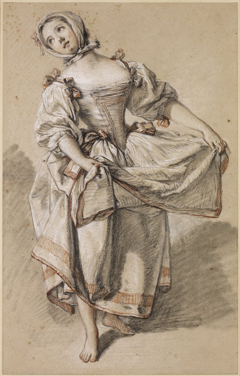 年轻的乡村女孩跳舞，c。 1765-70（黑色、红色和白色粉笔和浅黄色纸上的树桩） 作者 弗朗索瓦·布歇