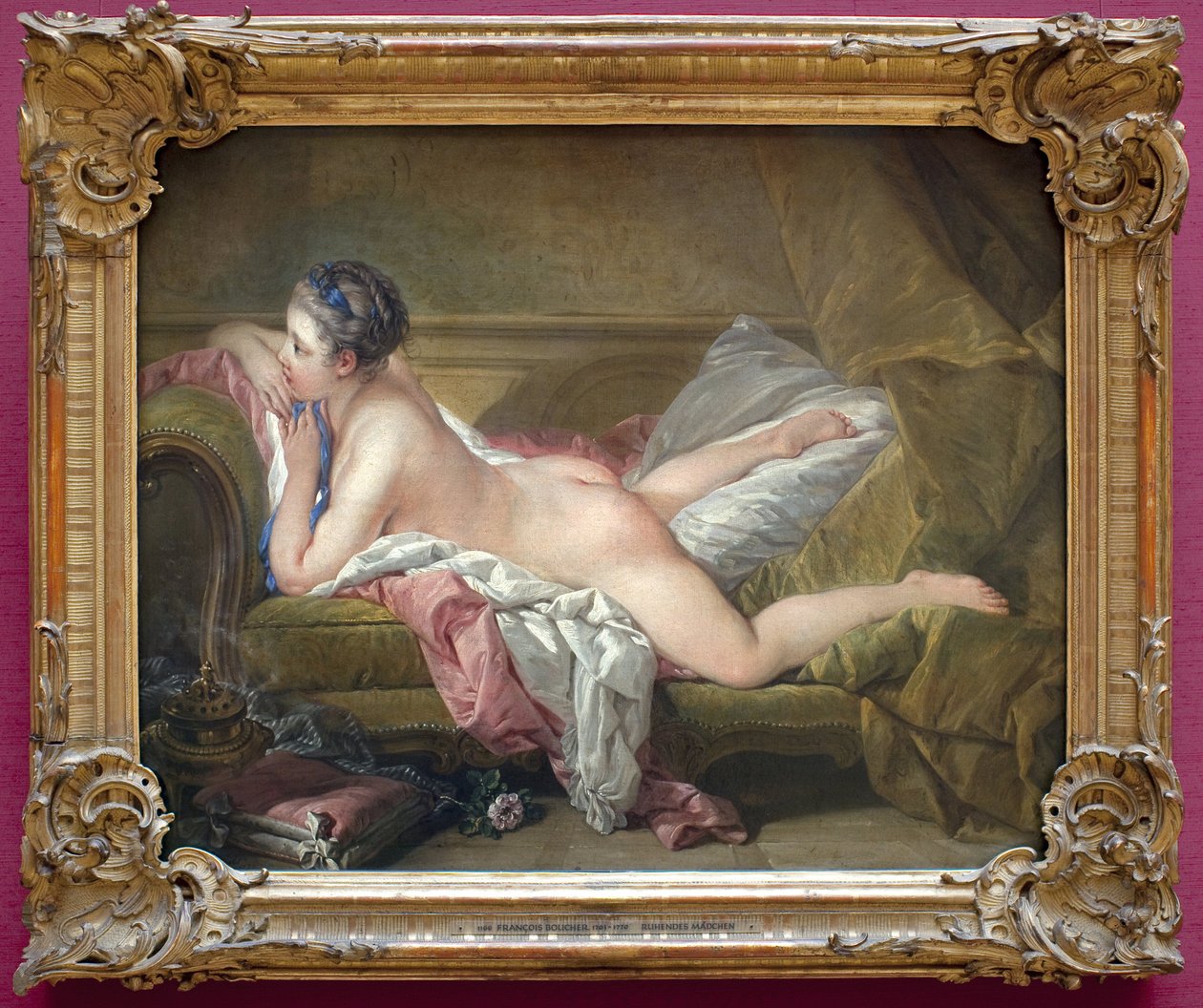 躺着的年轻女孩（Marie Louise O Murphy的画像）。裸体躺在沙发上的金发女郎或金发女郎。(玛丽-路易丝-奥墨菲)。弗朗索瓦-布歇（1703-1770）的绘画，布面油画。0.59 x 0.73米。1752年。18世纪的法国艺术。门前的Pinacotheque 作者 弗朗索瓦·布歇