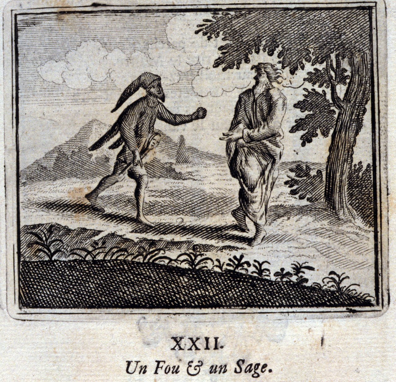 一个疯子和一个智者。Jean de La Fontaine (1621-95)的寓言。插图：François Chauveau（1613-1676）。1728年的版本。 作者 弗朗索瓦·夏维