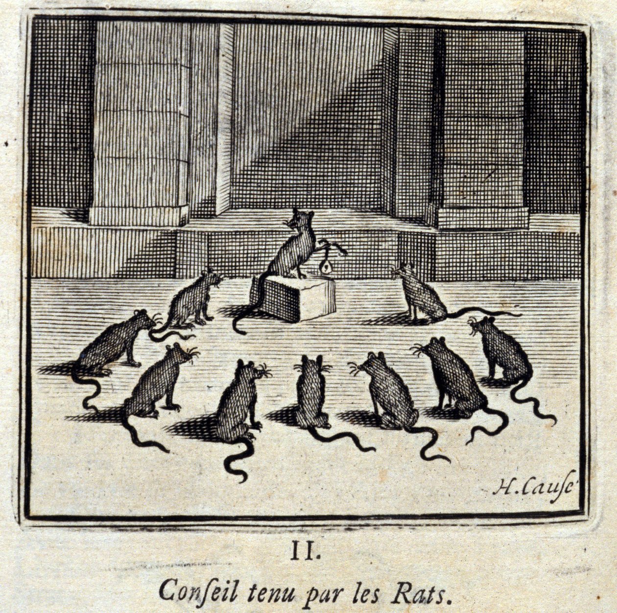 Board held by the Rats. Fables by Jean de La Fontaine (1621-95). Illustration by François Chauveau (1613-1676). Edition of 1728. 作者 弗朗索瓦·夏维