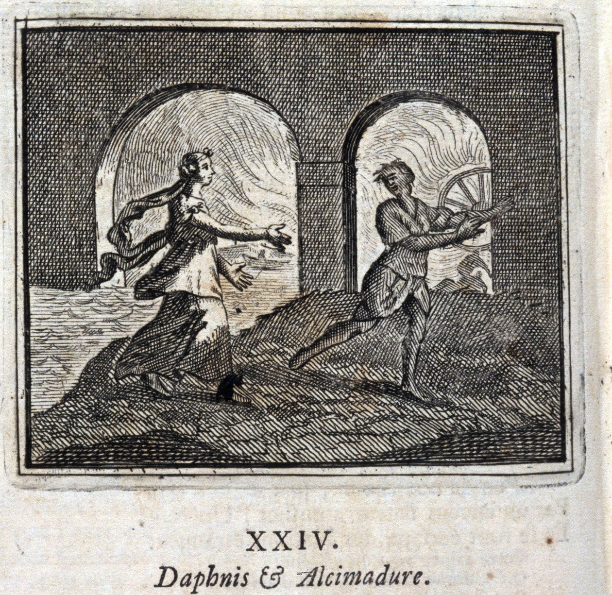 达夫尼斯和阿尔西马杜拉。Jean de La Fontaine (1621-95)的寓言。插图由François Chauveau（1613-1676）绘制。1728年的版本。 作者 弗朗索瓦·夏维