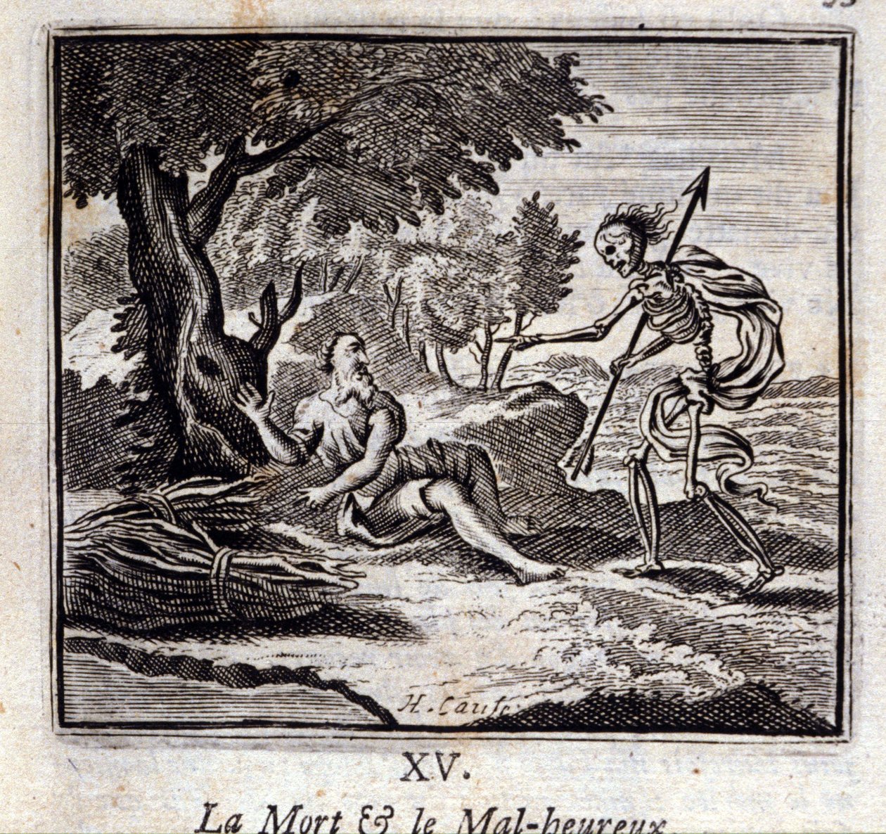 死亡和不快乐的人。Jean de La Fontaine (1621-95)的寓言。插图：François Chauveau（1613-1676）。1728年的版本。 作者 弗朗索瓦·夏维