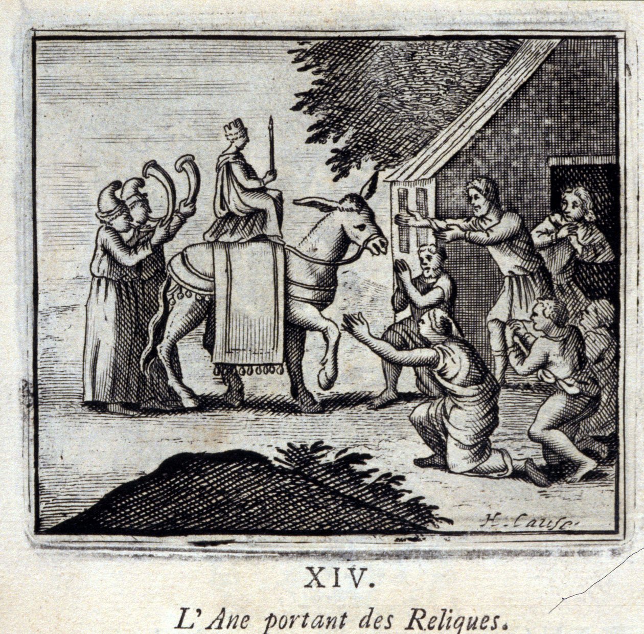 驮着遗物的驴子。Jean de La Fontaine (1621-95)的寓言。插图：François Chauveau（1613-1676）。1728年的版本。 作者 弗朗索瓦·夏维