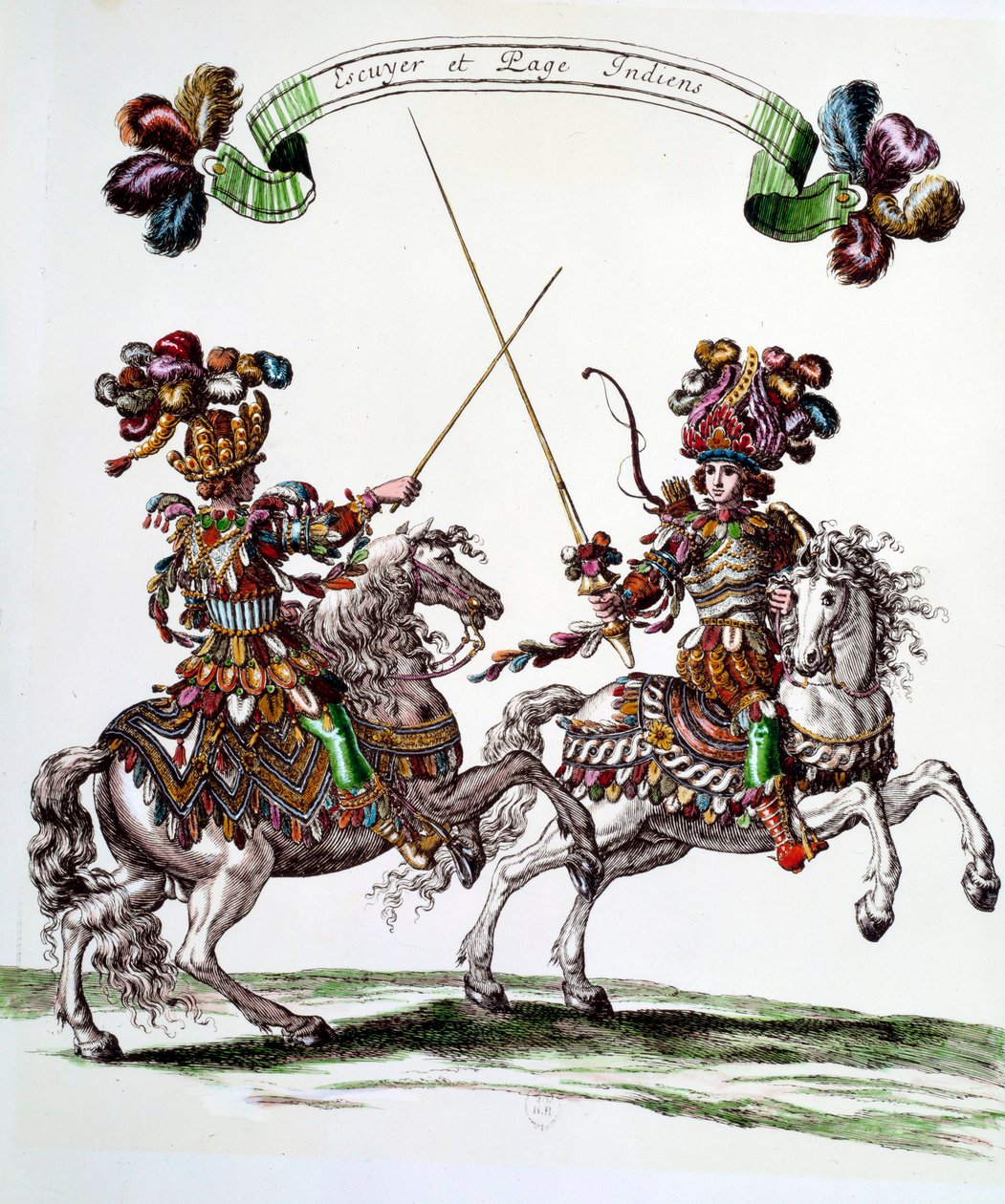 国王路易十四（1638-1715）于1662年在杜伊勒里宫为庆祝王储的诞生而赠送的旋转木马中的印第安人Ecuyer和页面。弗朗索瓦-肖沃（1613-1676）的版画 17世纪 私人收藏 作者 弗朗索瓦·夏维
