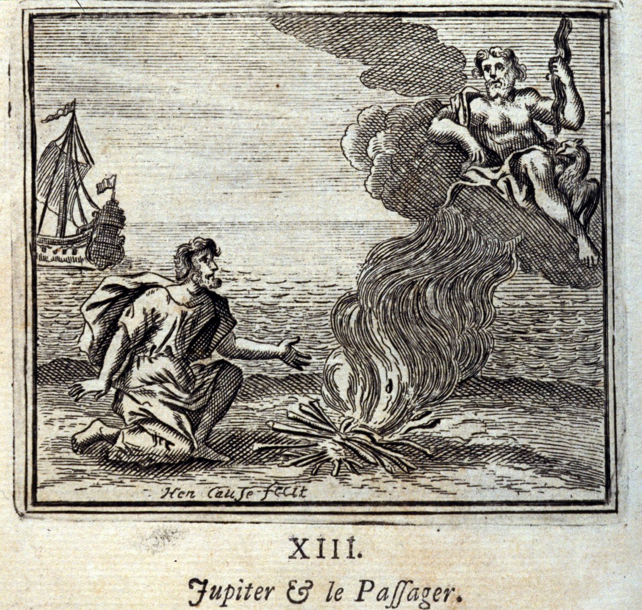 朱庇特和乘客。Jean de La Fontaine (1621-95)的寓言。插图：François Chauveau（1613-1676）。1728年的版本。 作者 弗朗索瓦·夏维