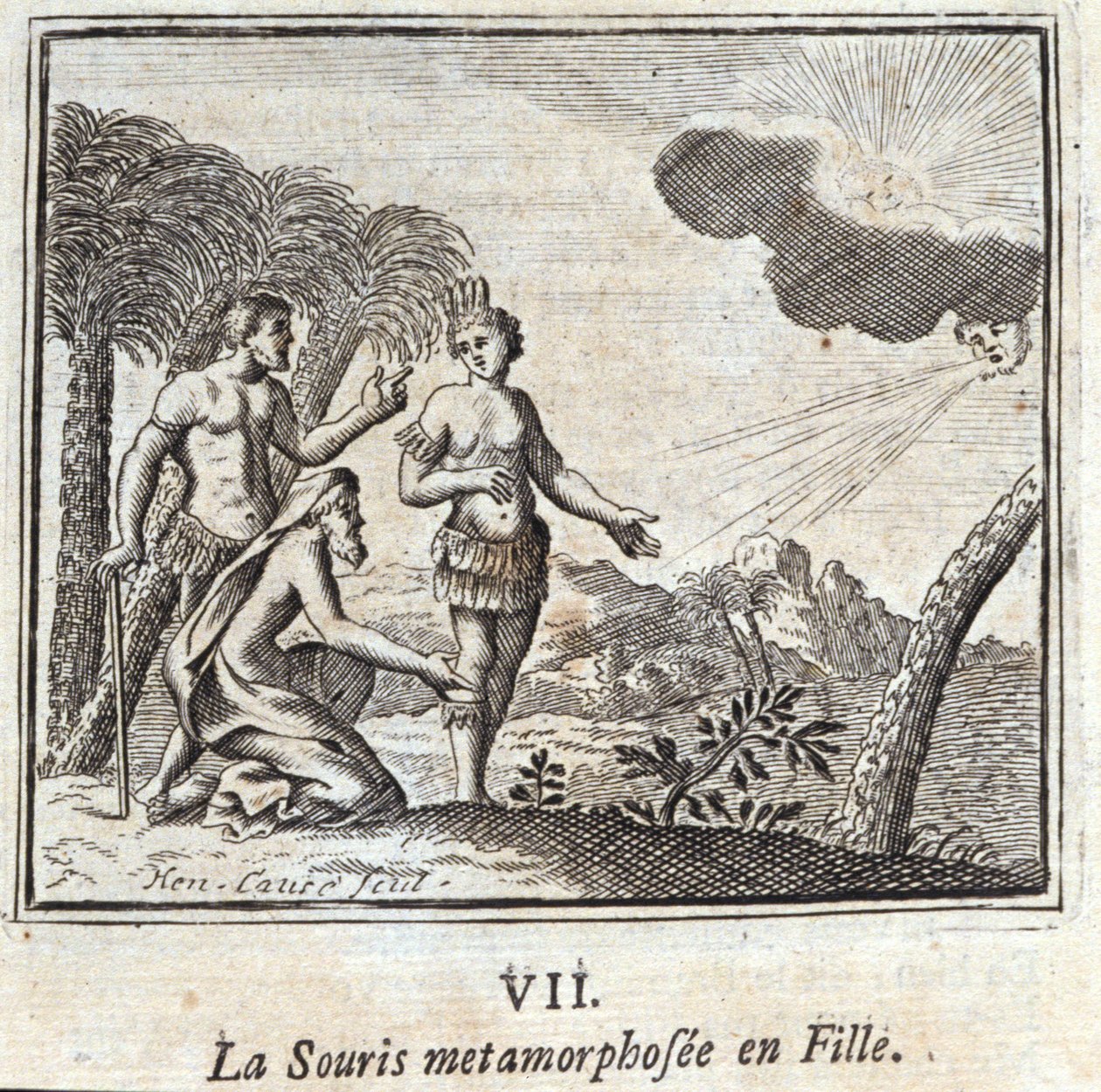 La Souris蜕变成一个女孩。Jean de La Fontaine（1621-95）的寓言。插图由François Chauveau（1613-1676）绘制。1728年的版本。 作者 弗朗索瓦·夏维
