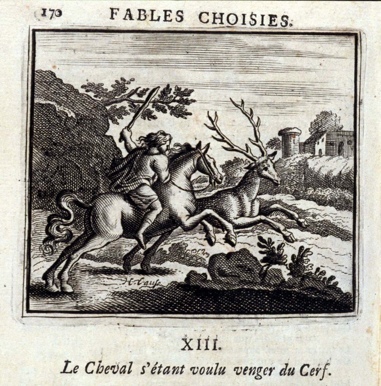 Le Cheval想为Deer报仇。Jean de La Fontaine (1621-95)的寓言。插图：François Chauveau（1613-1676）。1728年的版本。 作者 弗朗索瓦·夏维