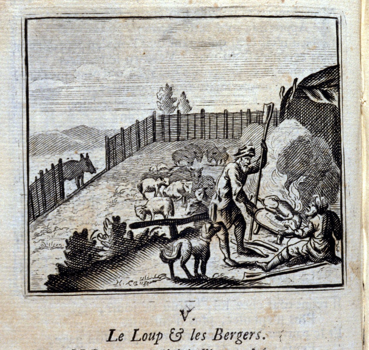 让-德-拉封丹（1621-95）的《狼与牧羊人寓言》。插图：弗朗索瓦-肖沃（1613-1676）。1728年的版本。 作者 弗朗索瓦·夏维