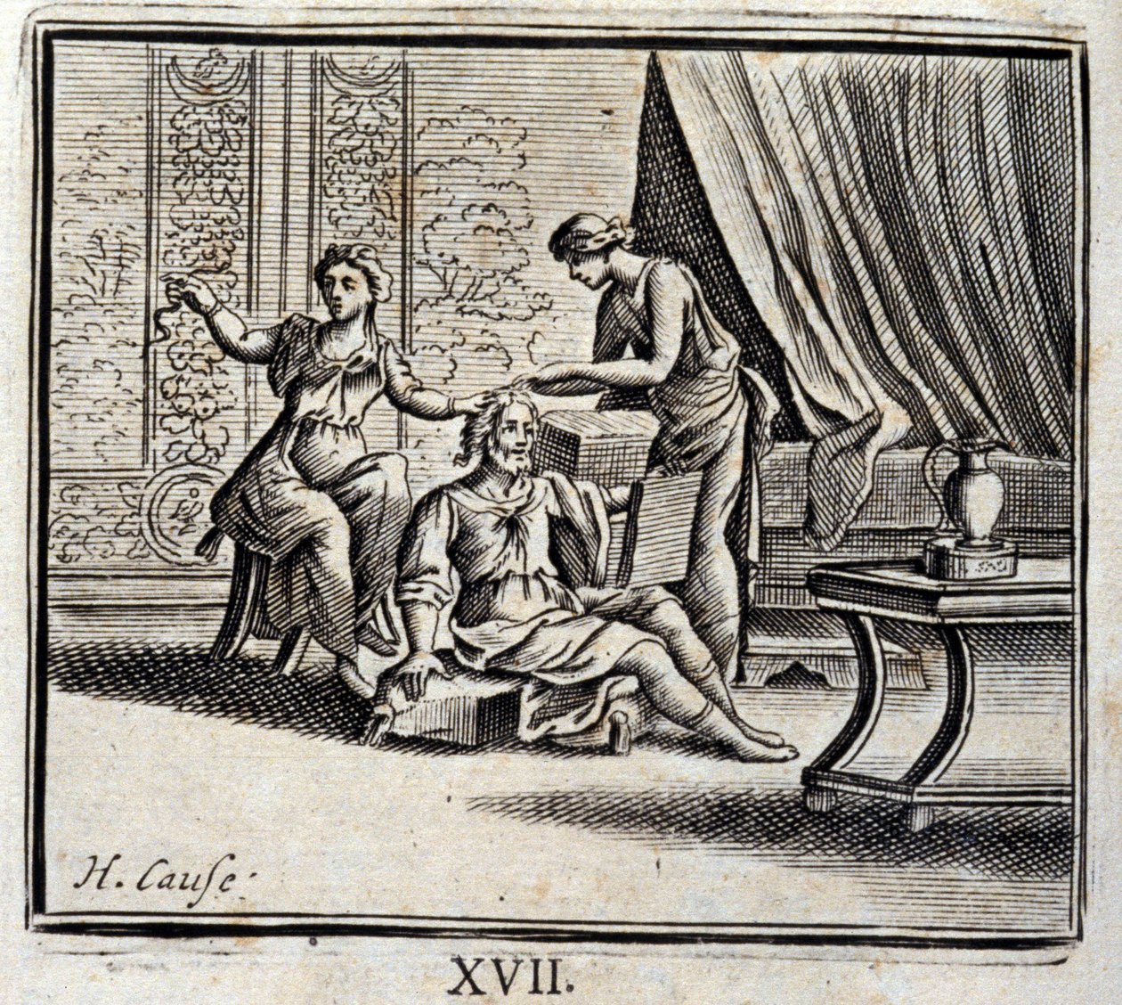 两个时代之间的人和他的两个女佣人。Jean de La Fontaine (1621-95)的寓言。插图：François Chauveau（1613-1676）。1728年的版本。 作者 弗朗索瓦·夏维