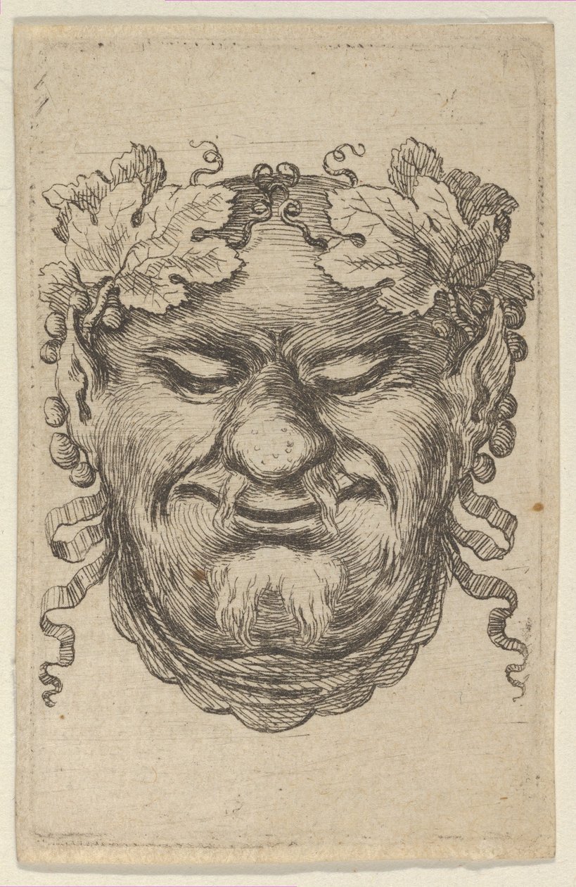 带着葡萄叶花环和缎带的巴克斯面具，来自Divers Masques，约1635-45。 作者 弗朗索瓦·夏维