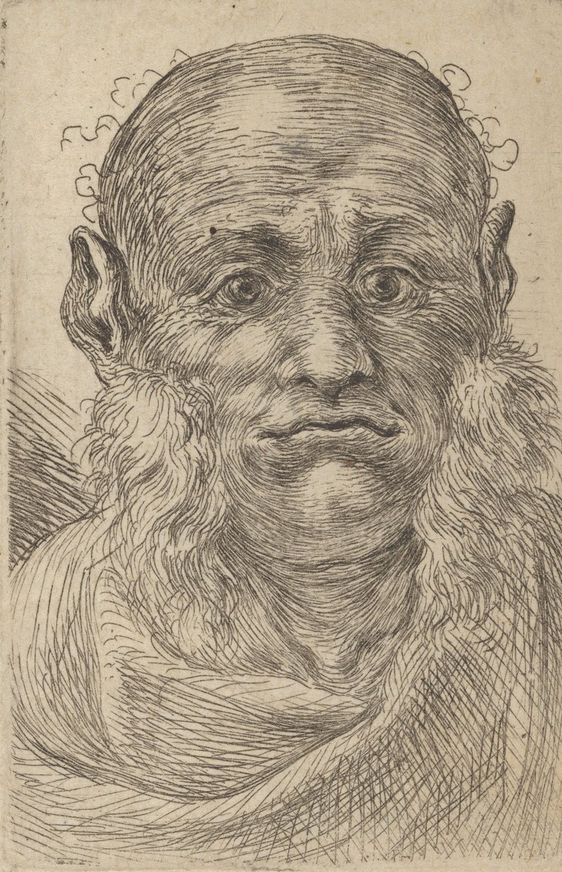 鬓角丛生的秃头男子的面具，来自Divers Masques，约1635-45。 作者 弗朗索瓦·夏维