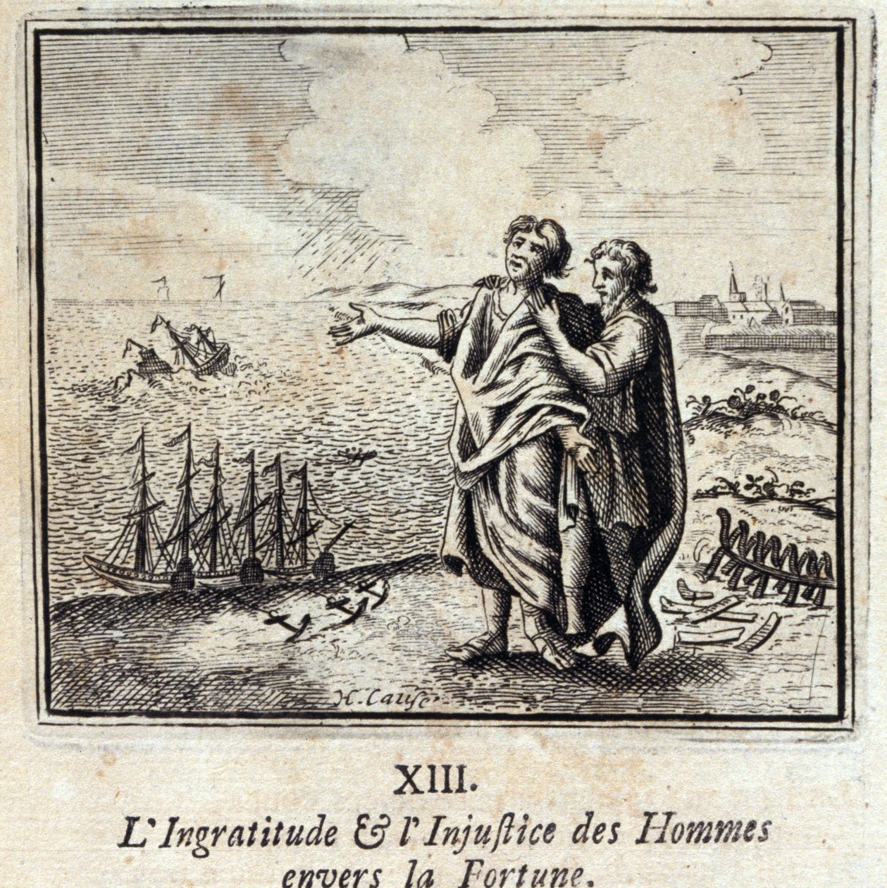 人的忘恩负义和对命运的不公正。Jean de La Fontaine (1621-95)的寓言。插图：François Chauveau（1613-1676）。1728年的版本。 作者 弗朗索瓦·夏维
