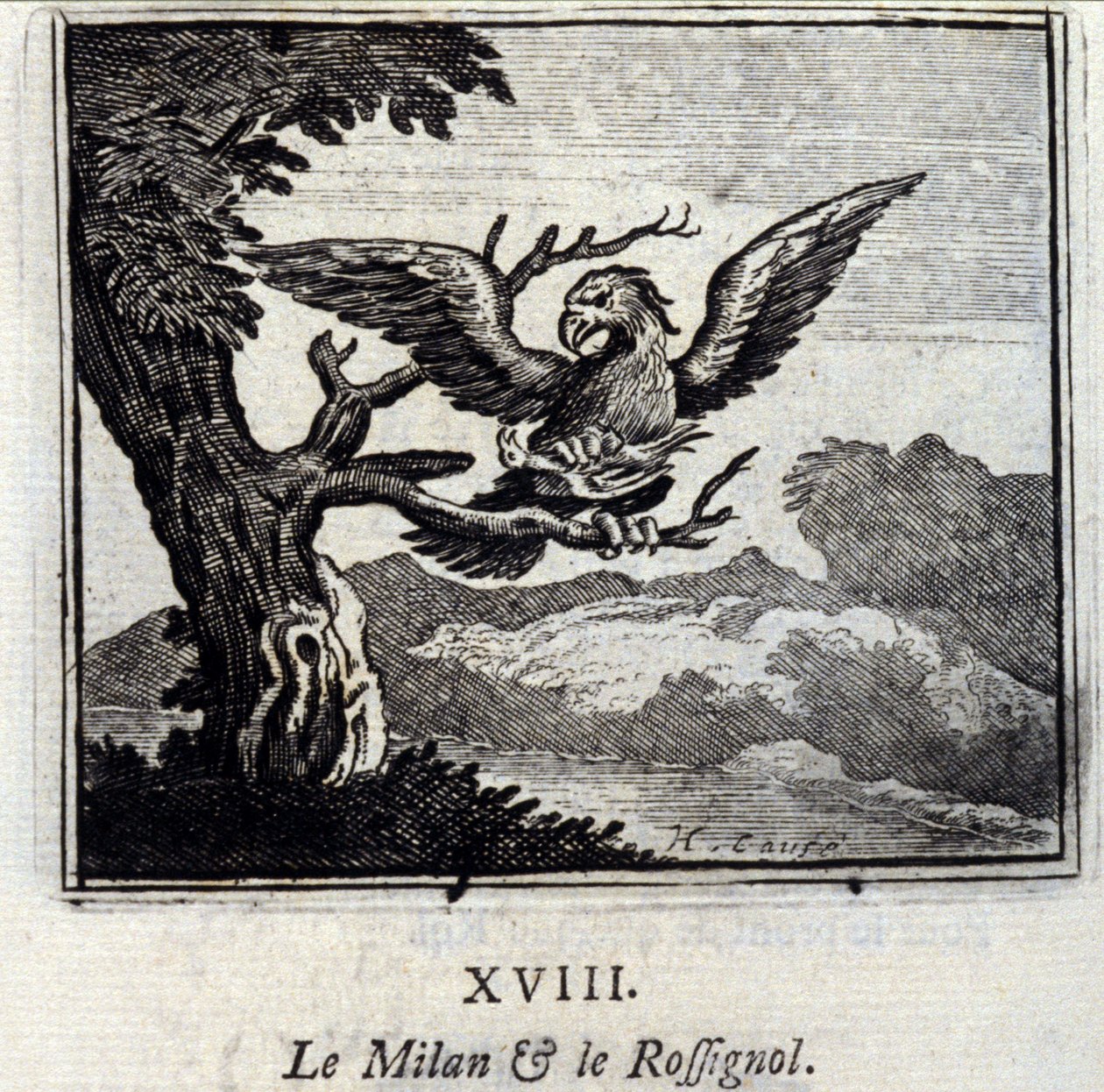 米兰和夜莺》。Jean de La Fontaine (1621-95)的寓言。插图由François Chauveau（1613-1676）绘制。1728年的版本。 作者 弗朗索瓦·夏维