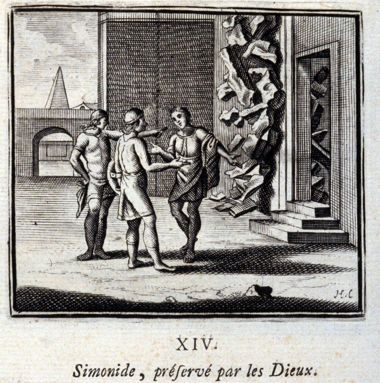 西蒙尼德被诸神保护。Jean de La Fontaine (1621-95)的寓言。插图：François Chauveau（1613-1676）。1728年的版本。 作者 弗朗索瓦·夏维
