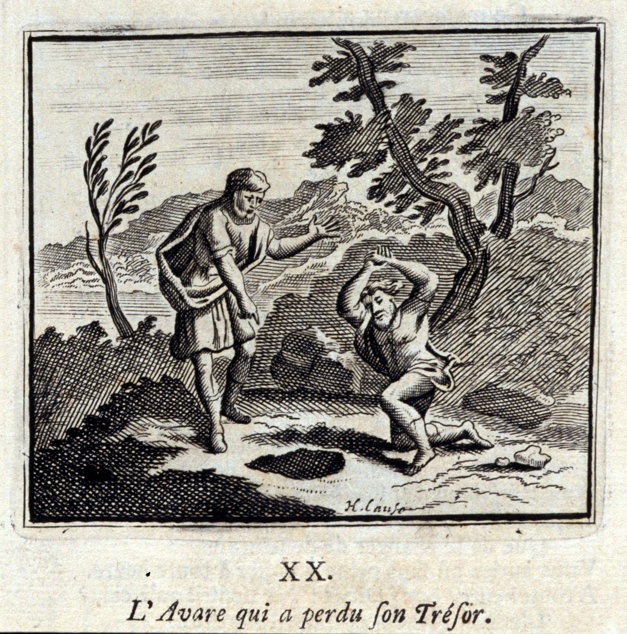 Avare失去了他的Tresor.Jean de La Fontaine（1621-95）的寓言。插图：François Chauveau（1613-1676）。1728年的版本。 作者 弗朗索瓦·夏维