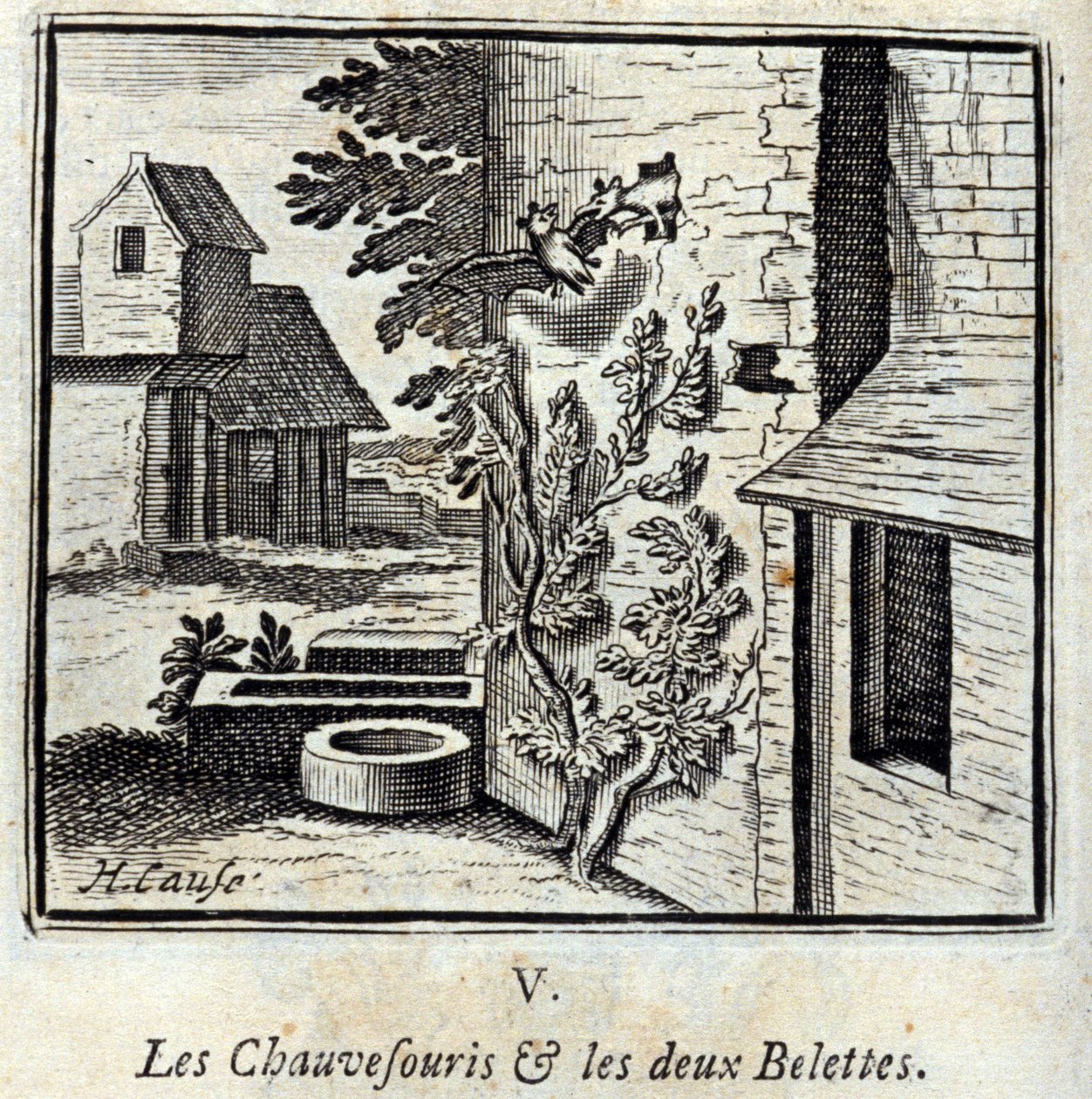 蝙蝠和两只黄鼠狼。Jean de La Fontaine (1621-95)的寓言。插图：François Chauveau（1613-1676）。1728年的版本。 作者 弗朗索瓦·夏维